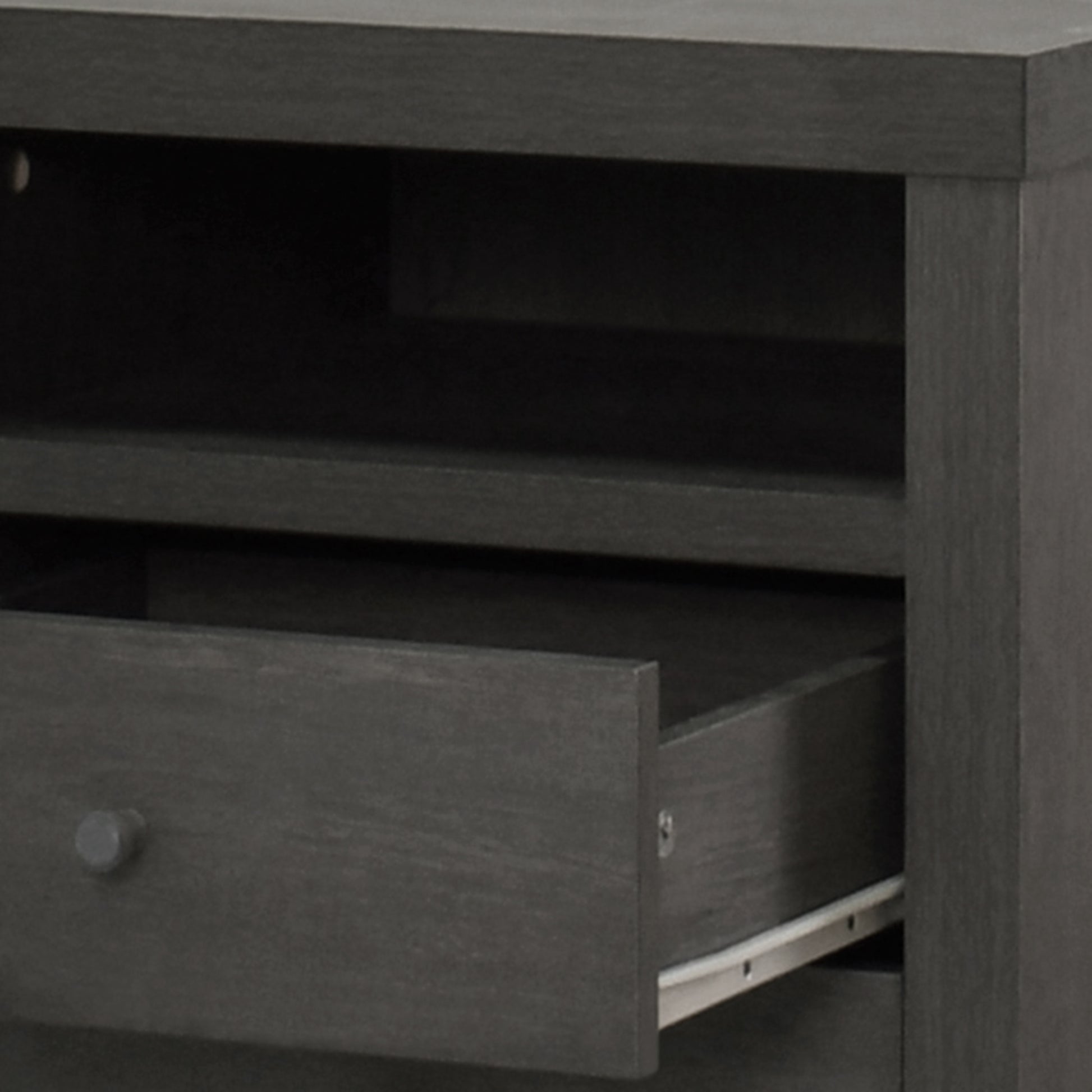 Dark gray wood media console drawer and shelf detail