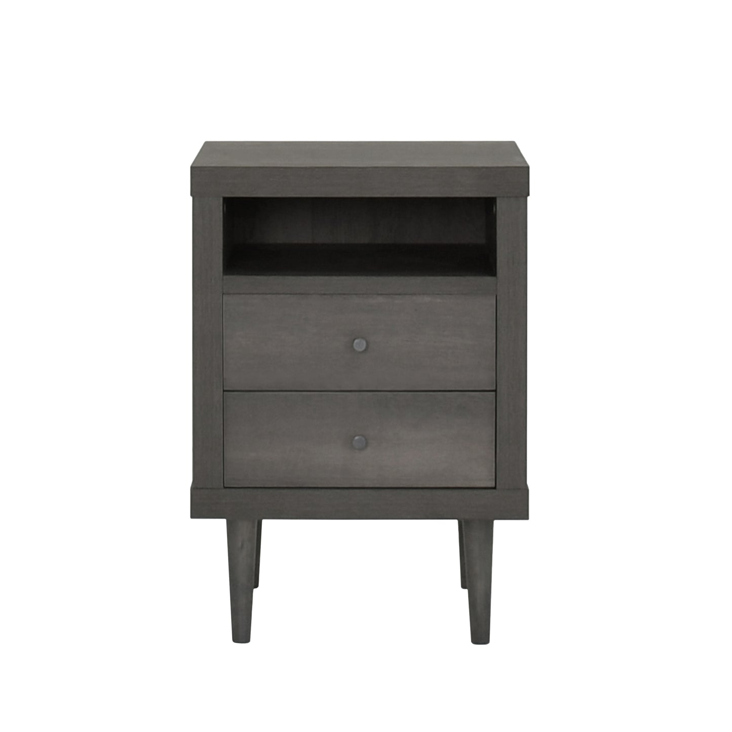Modern grey wood nightstand with two drawers and an open shelf