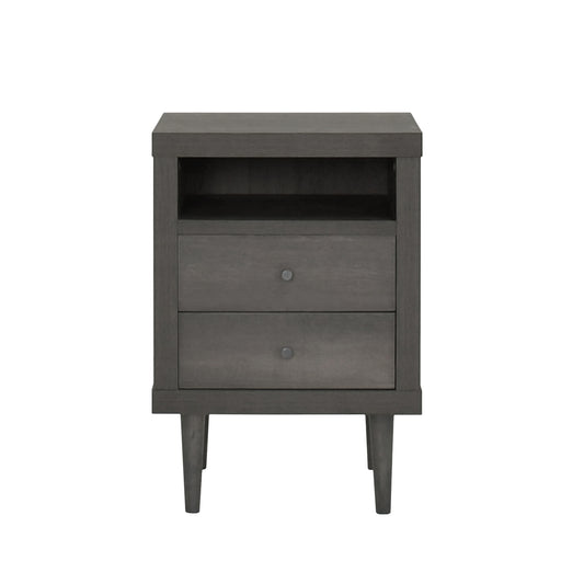 Modern grey wood nightstand with two drawers and an open shelf