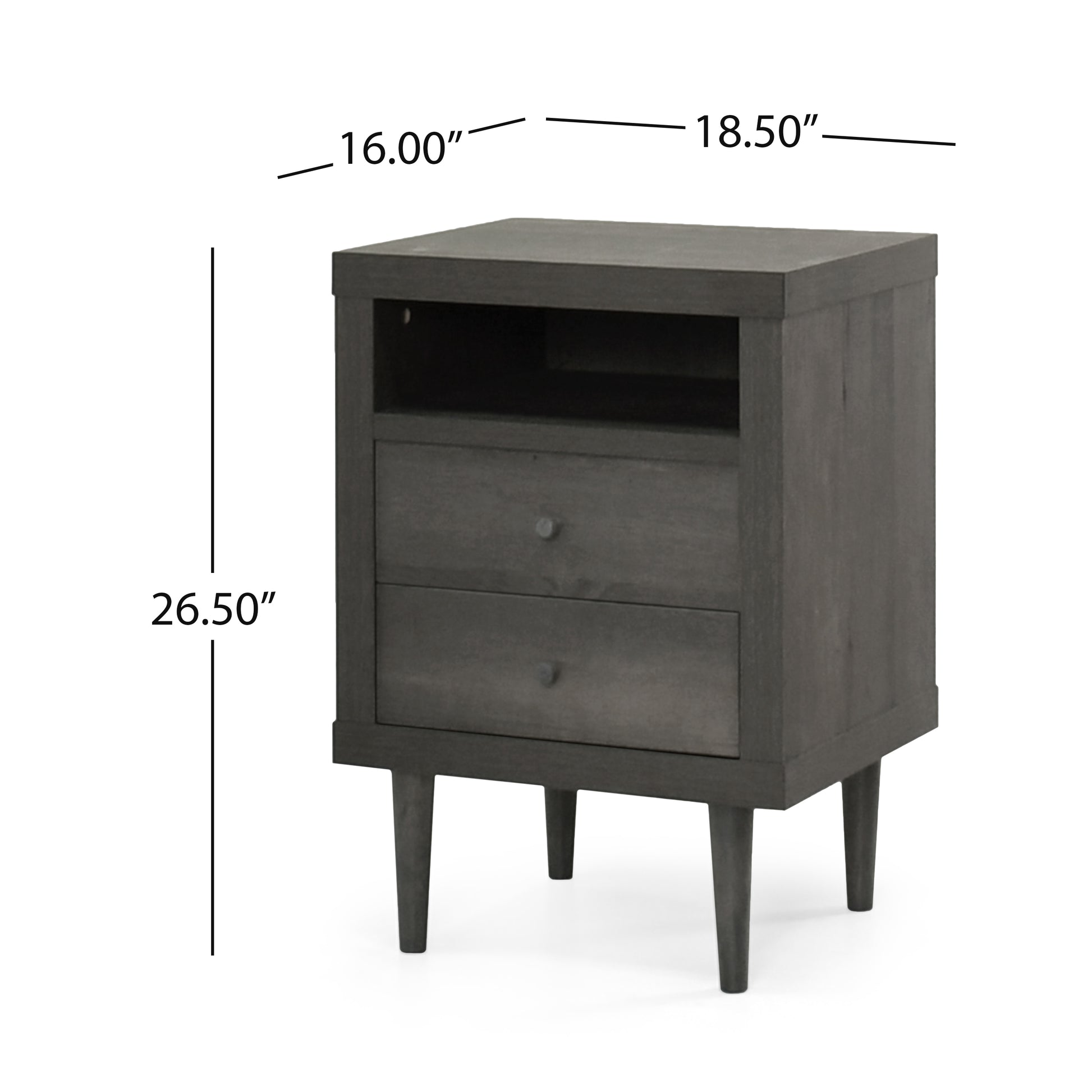 Dark gray wooden nightstand with two drawers and an open shelf