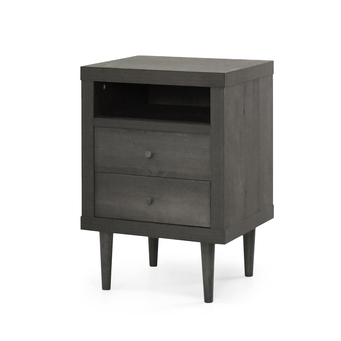Dark gray wooden nightstand with two drawers and open shelf