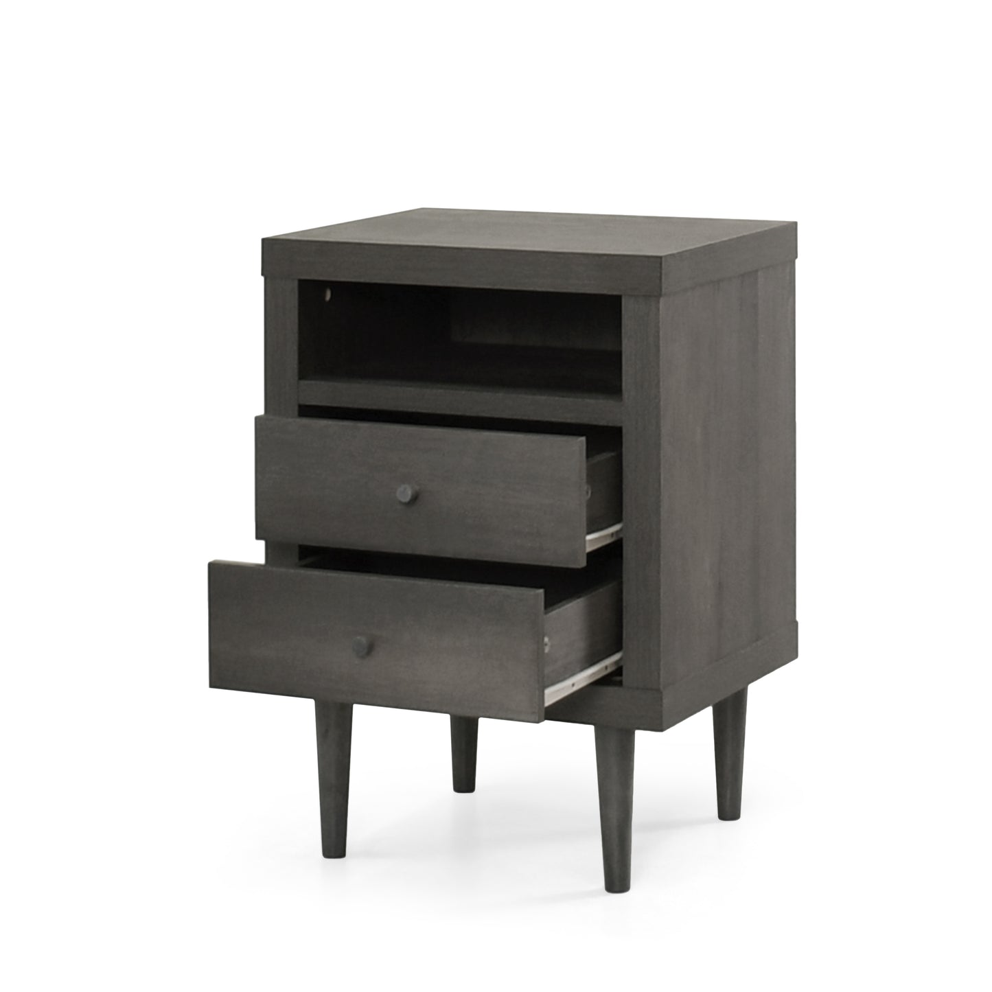 Dark gray wood nightstand with two drawers and an open shelf