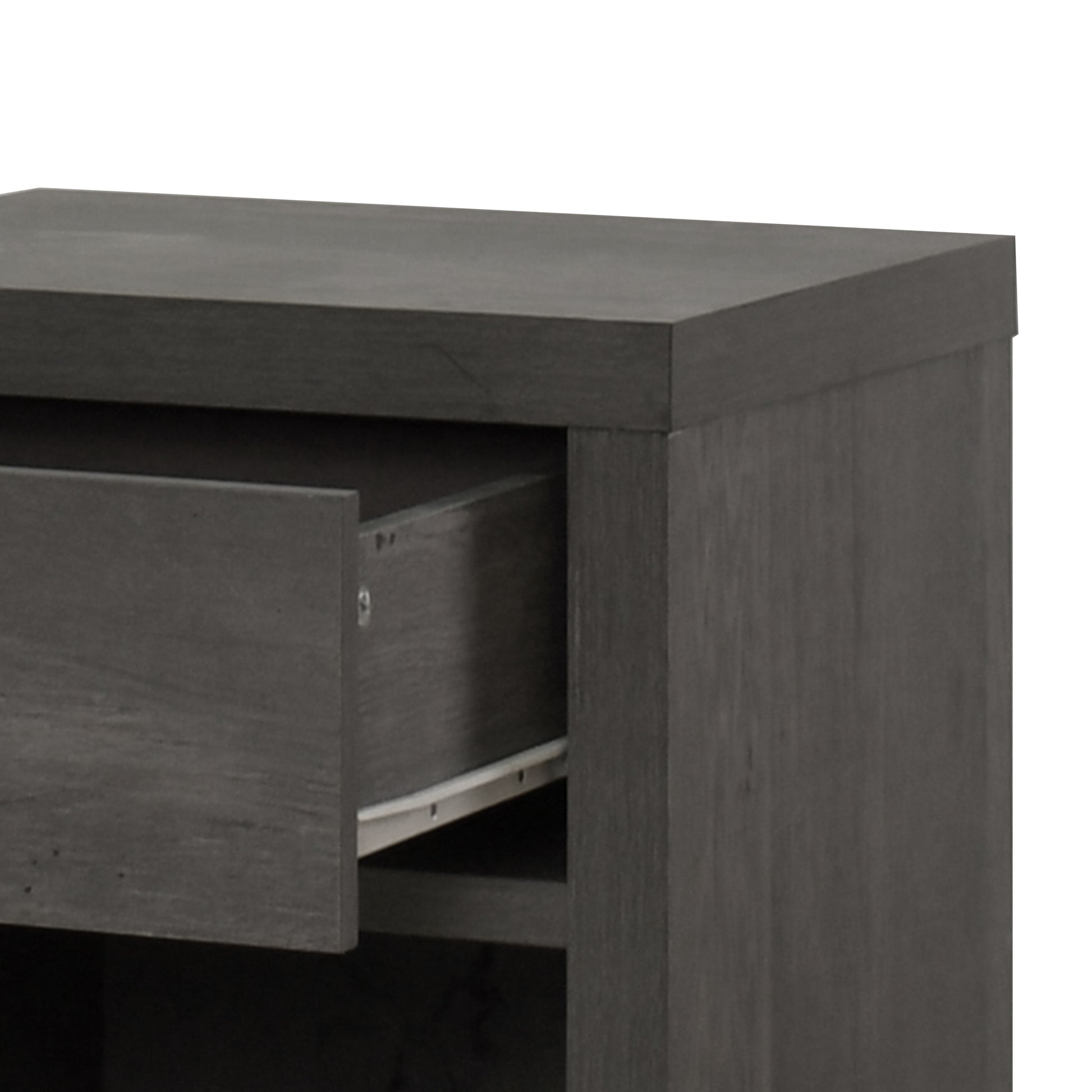 Dark gray wood bedside table with one open drawer and metal slides