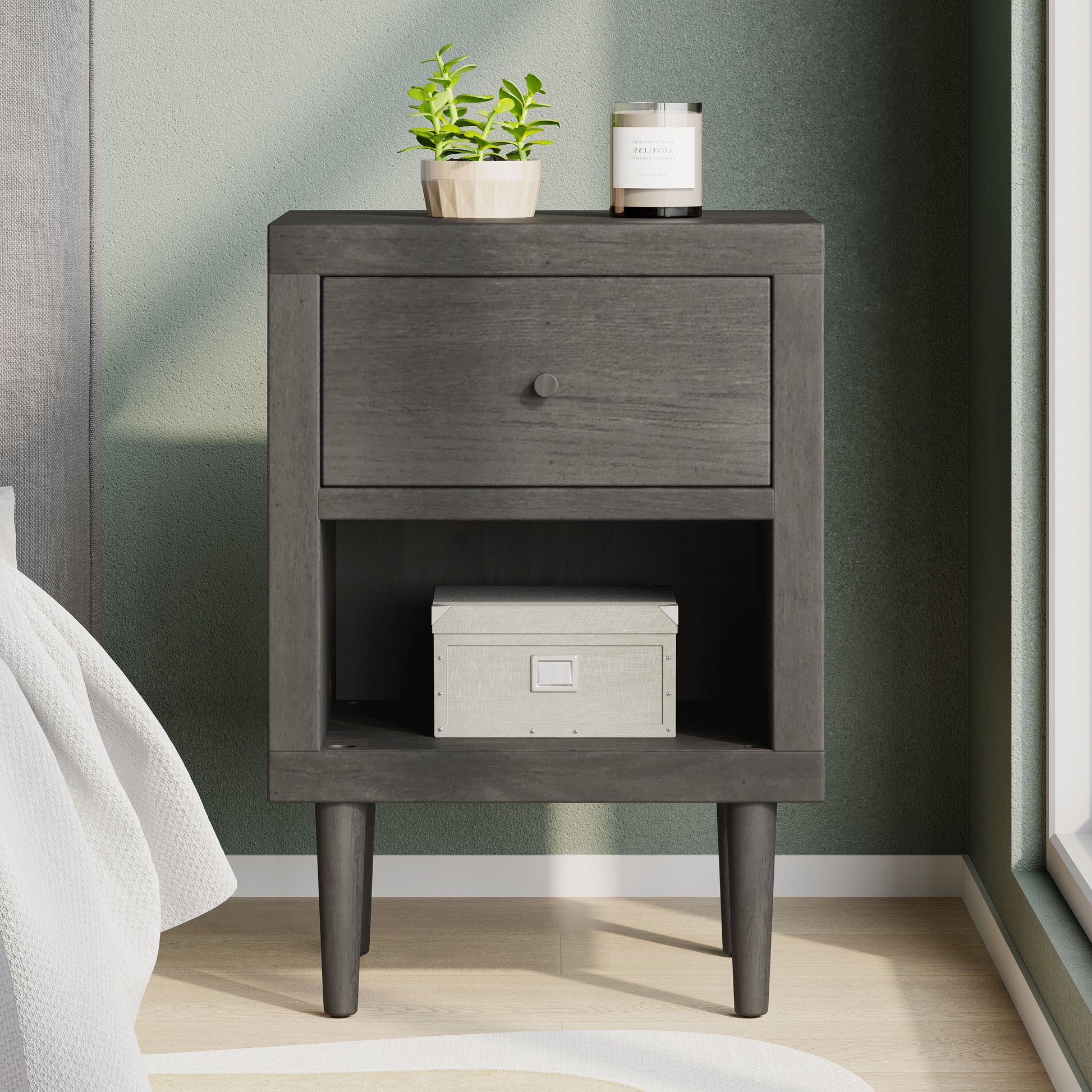Dark gray wooden nightstand with one drawer and open shelf