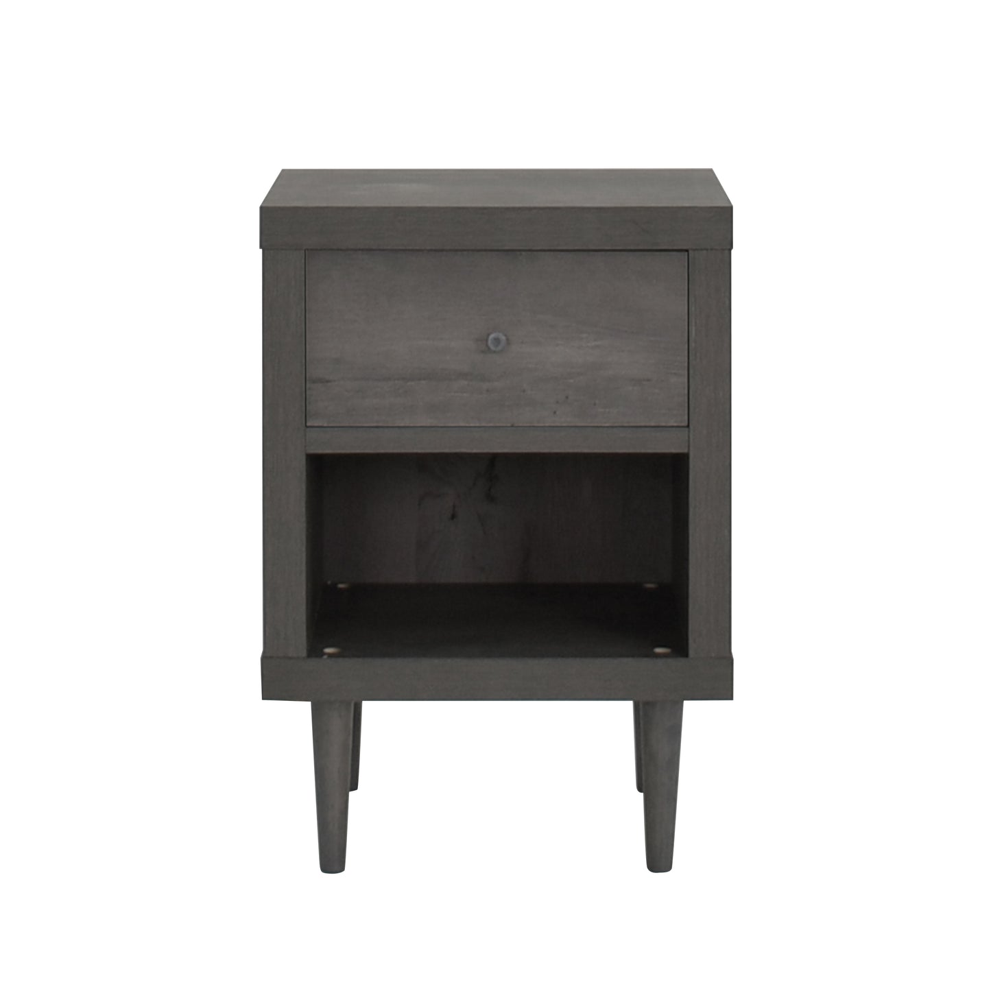 Dark gray wooden nightstand with one drawer and open shelf