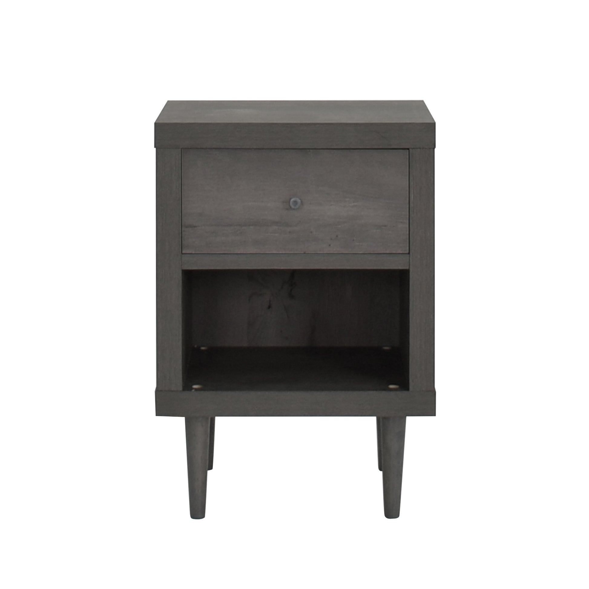 Dark gray wooden nightstand with one drawer and open shelf