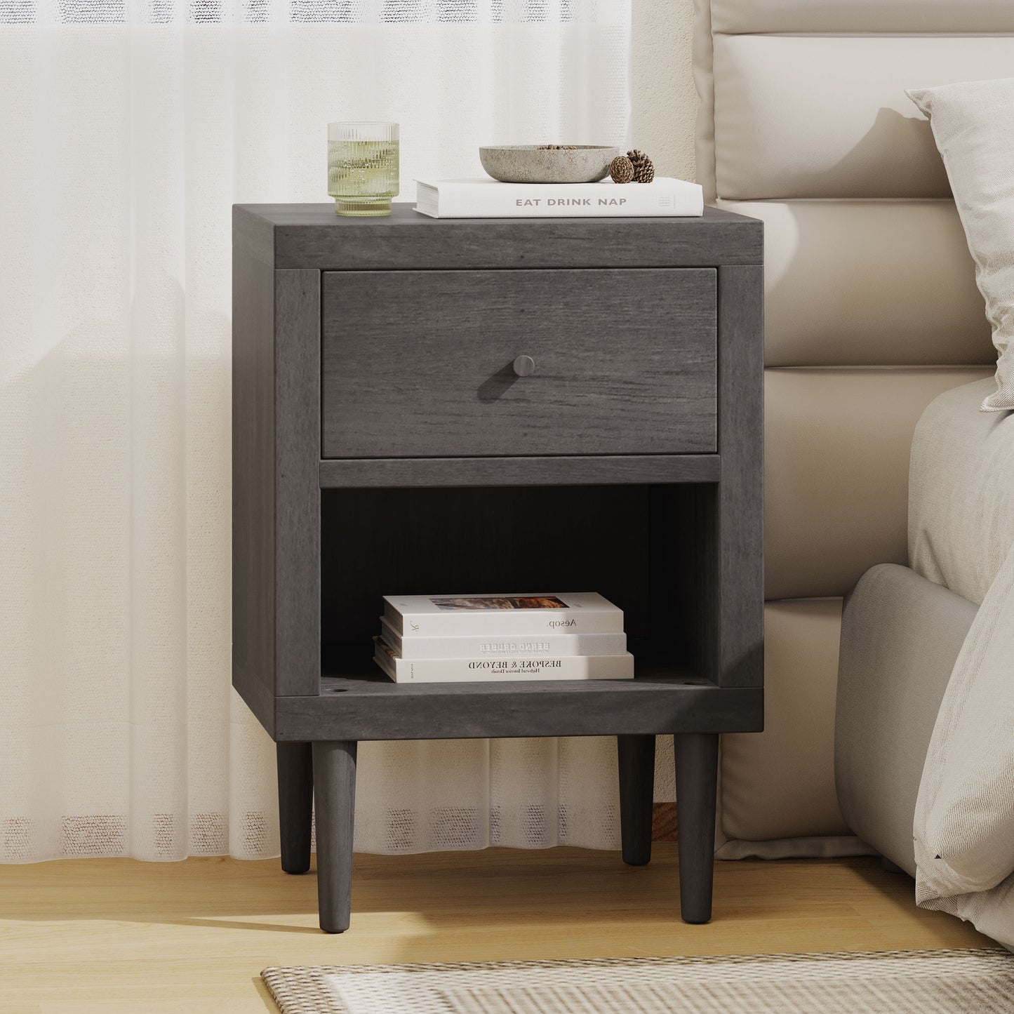 Dark gray wooden nightstand with one drawer and open shelf