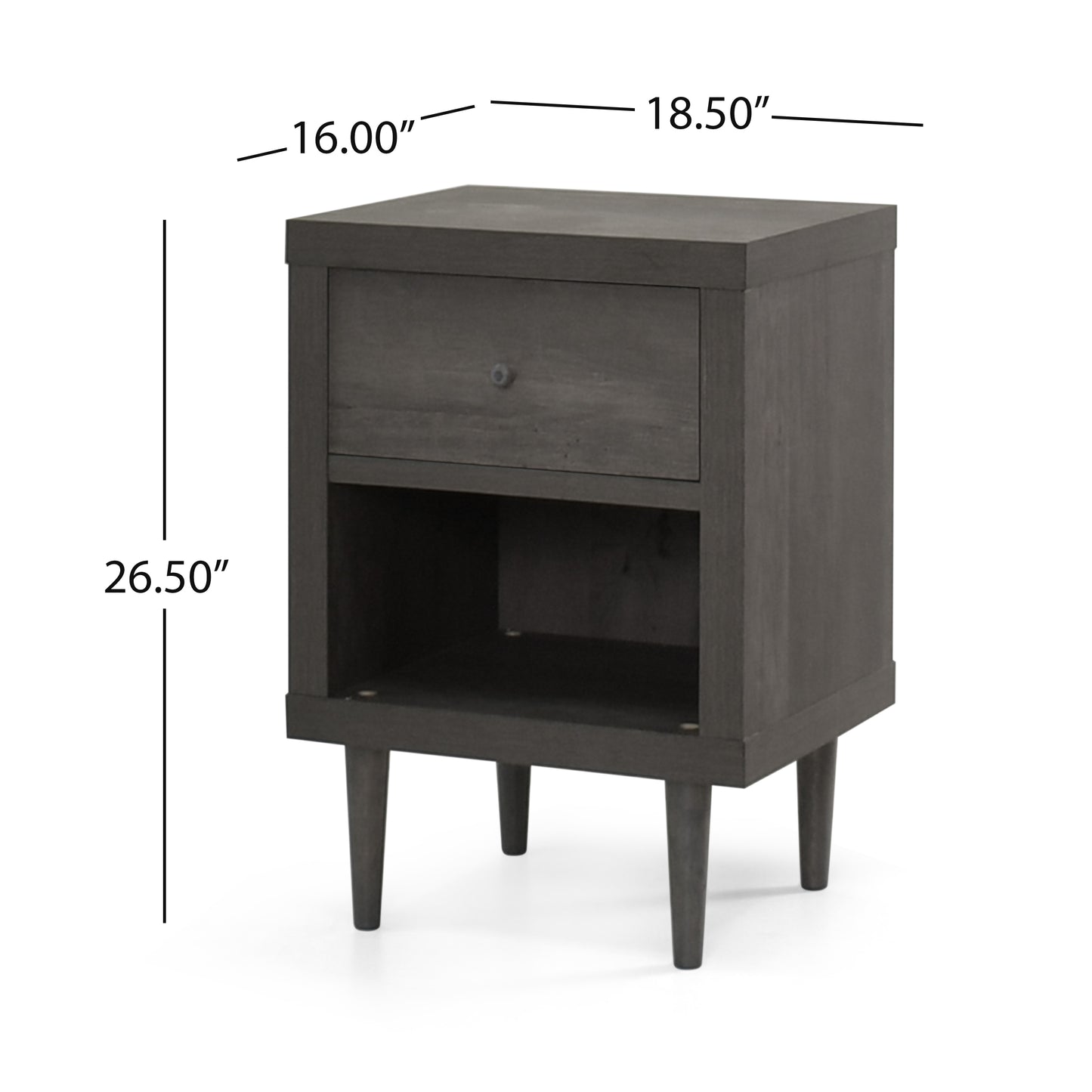 Dark gray wooden nightstand with one drawer and open shelf on tapered legs