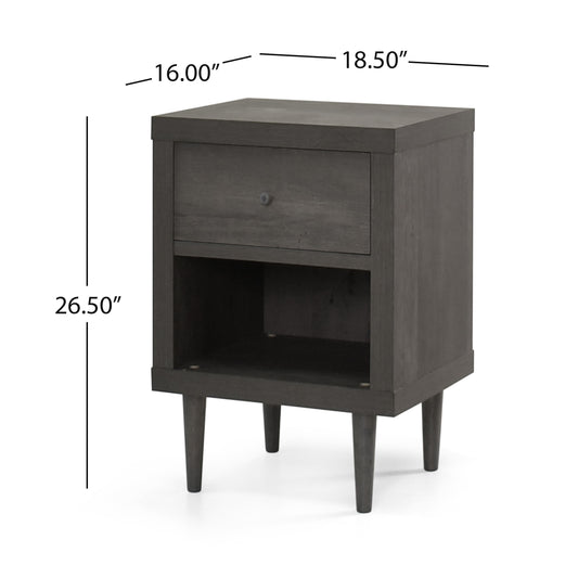 Dark gray wooden nightstand with one drawer and open shelf on tapered legs