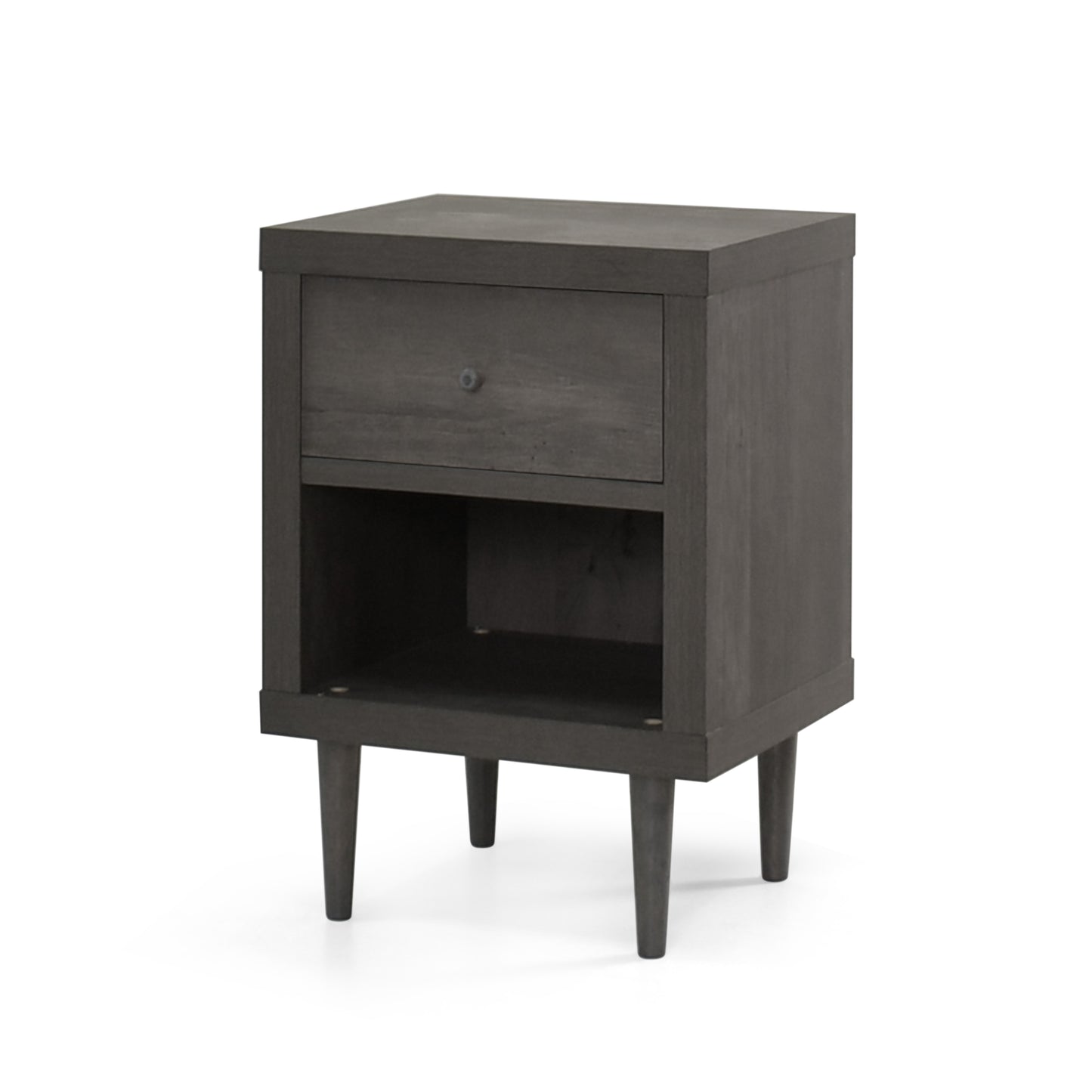 Dark gray wooden nightstand with one drawer and open shelf