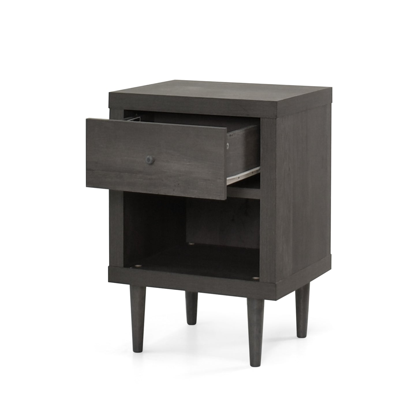 Dark gray wooden nightstand with one open drawer and tapered legs
