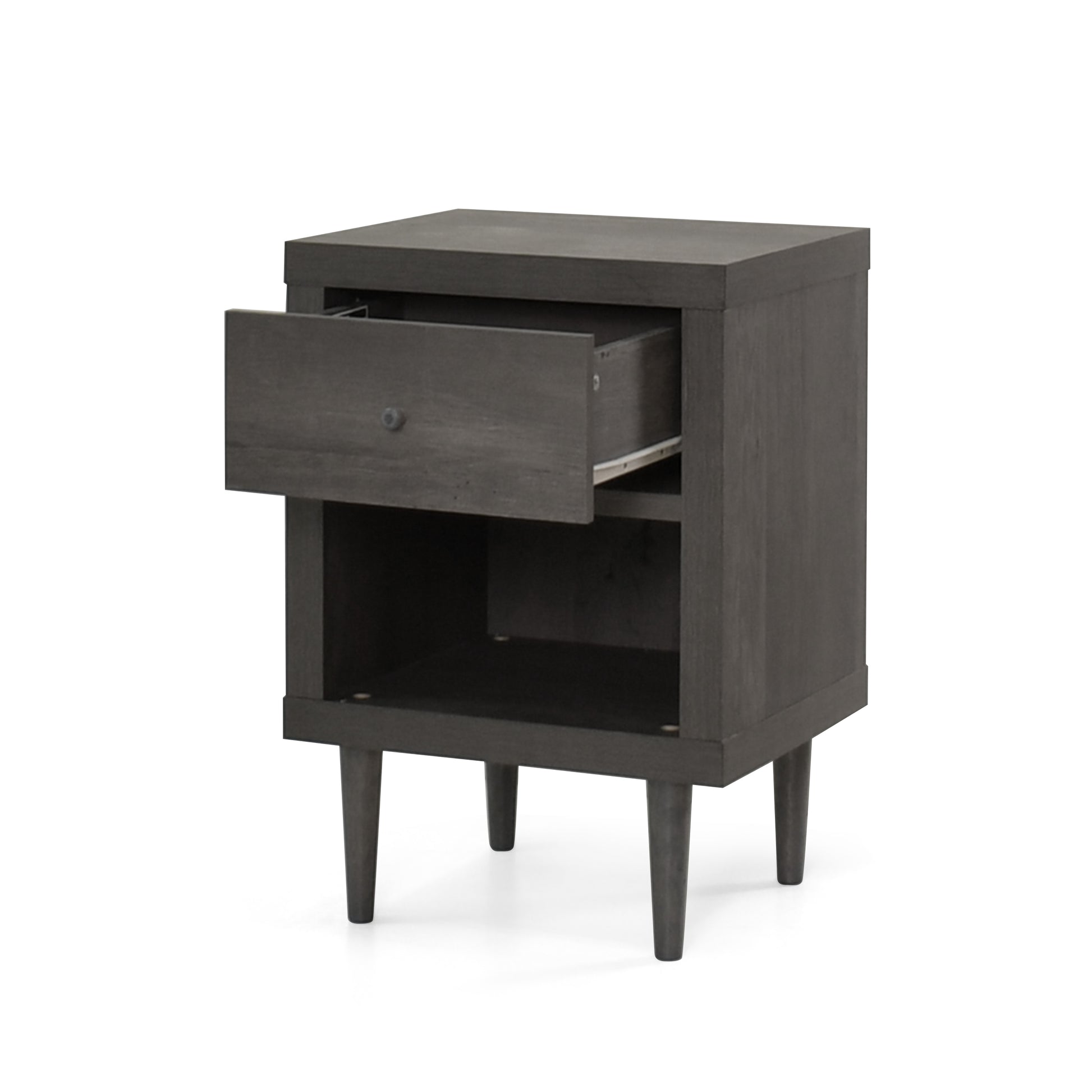 Dark gray wooden nightstand with one open drawer and tapered legs