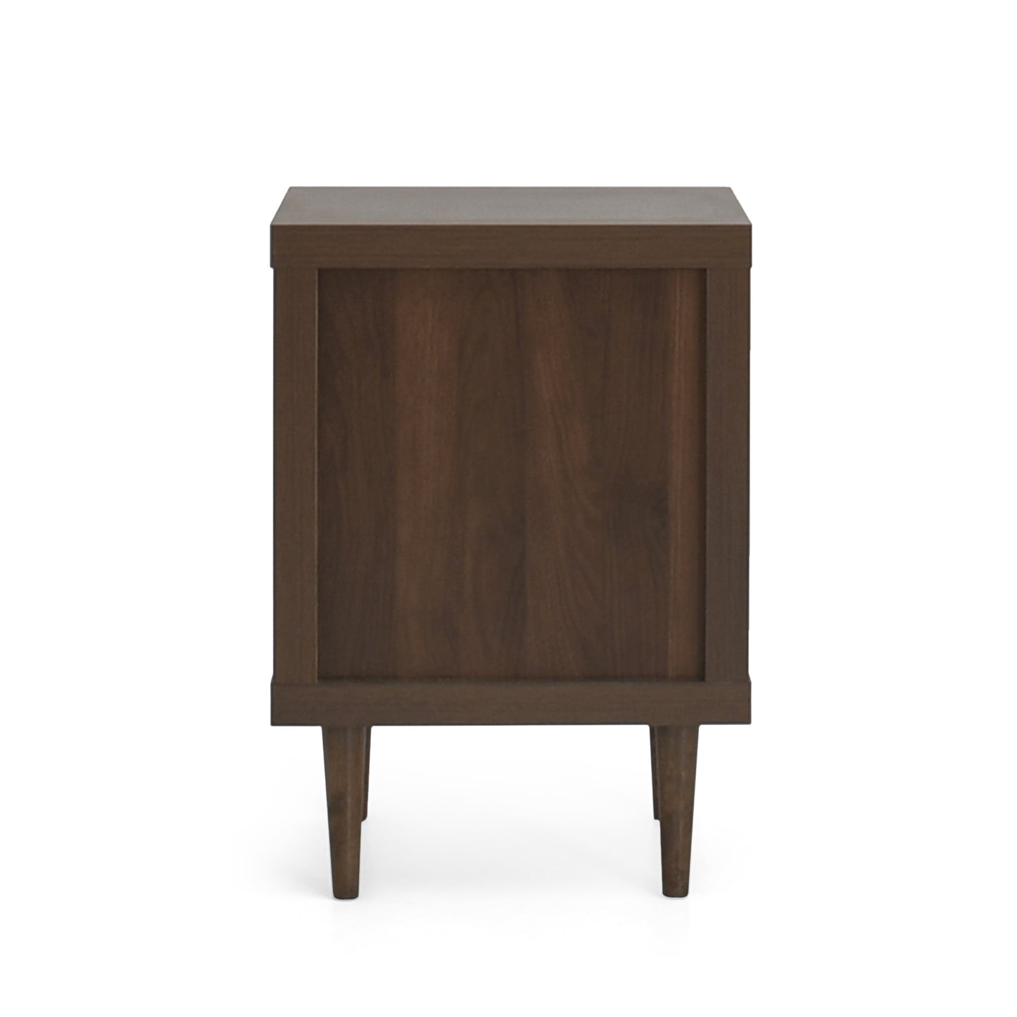 Solid walnut wood nightstand with tapered legs and a modern design