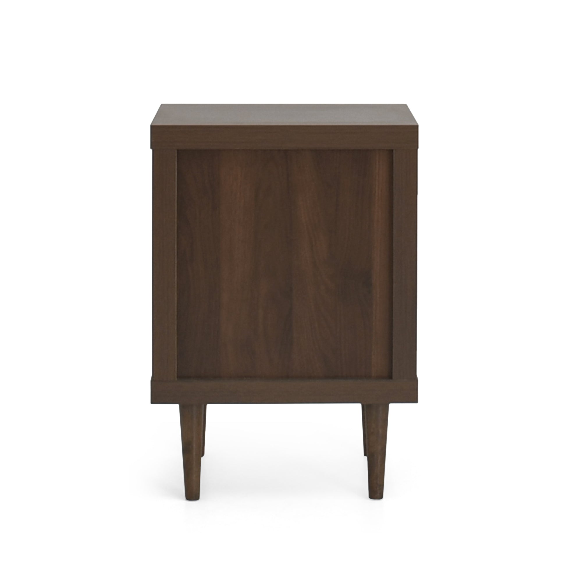 Solid walnut wood nightstand with tapered legs and a modern design