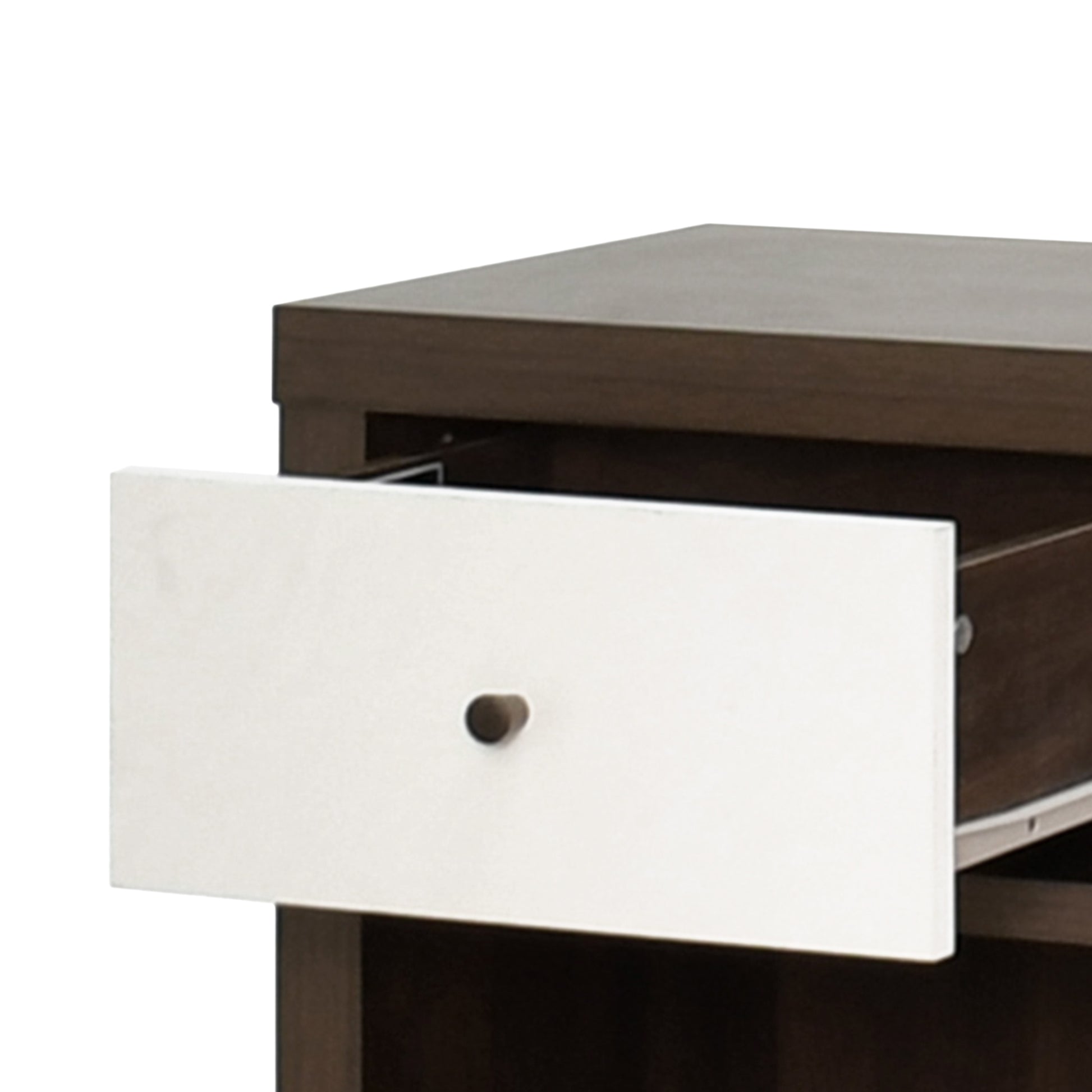 Brown wood nightstand with a partially open white drawer and a dark knob