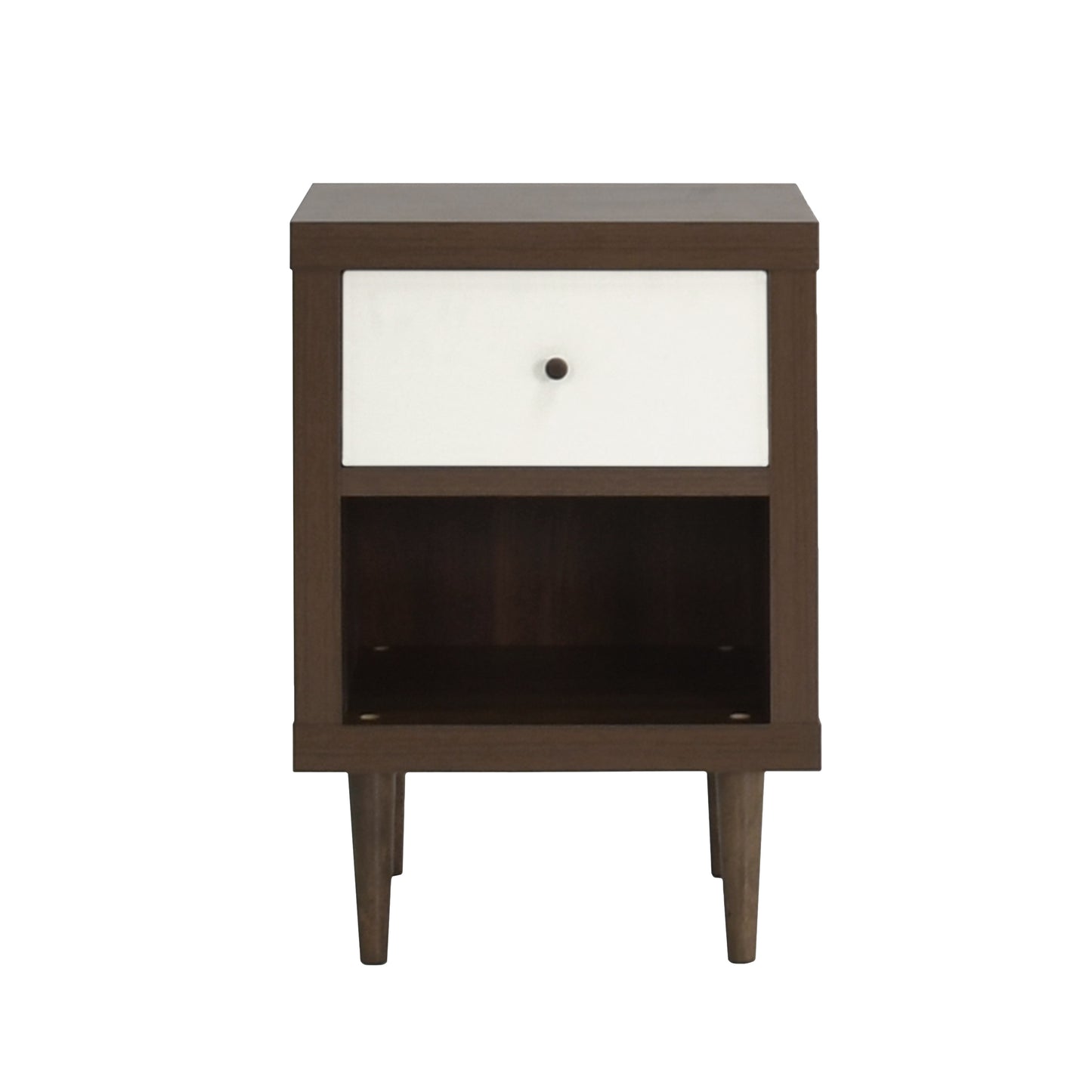 Dark wood bedside table with white drawer front and brass knob