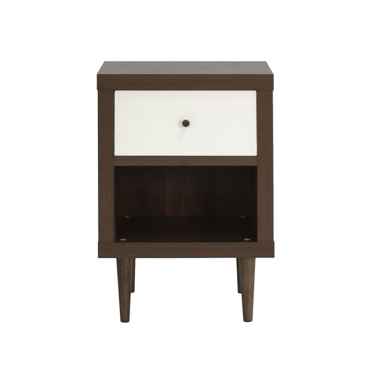 Dark wood bedside table with white drawer front and brass knob