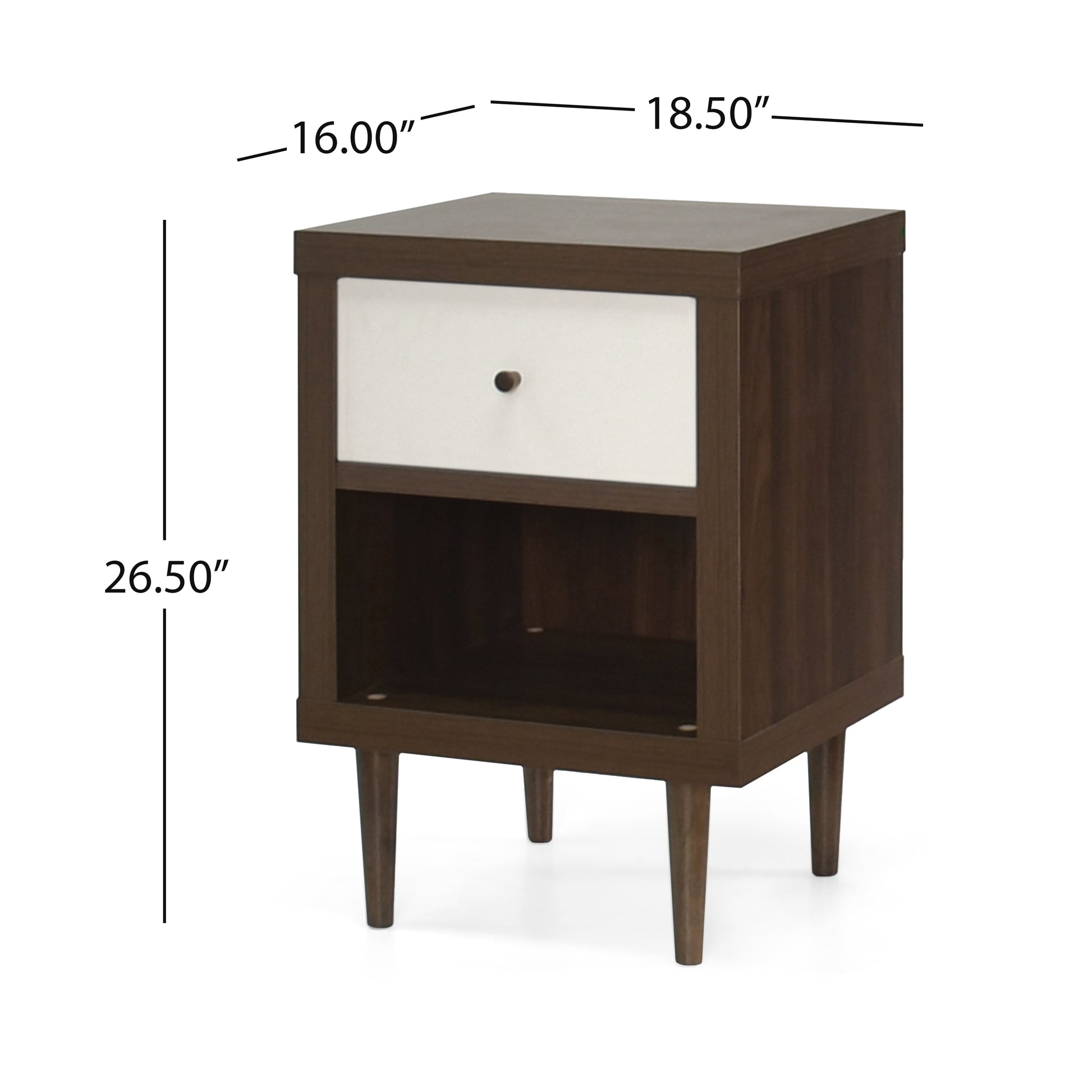 Midcentury modern nightstand with one white drawer and open shelf