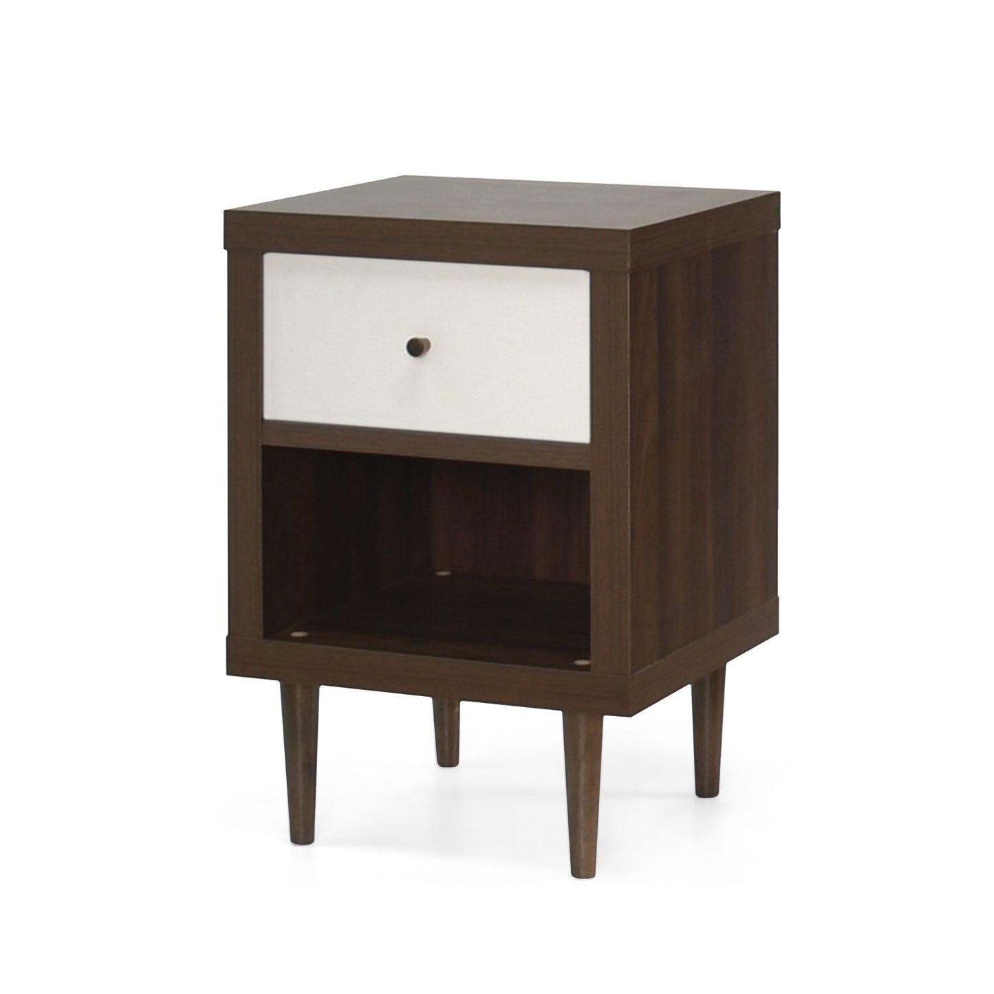 Midcentury modern nightstand with walnut finish and white drawer