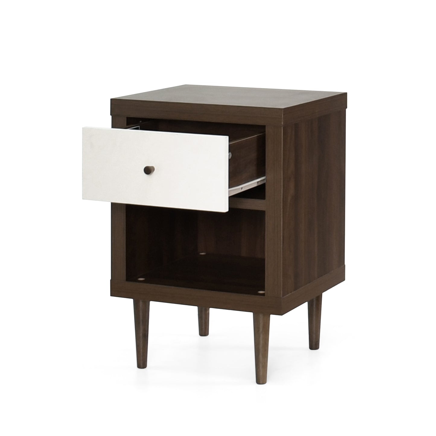 Dark wood nightstand with one open white drawer and angled legs