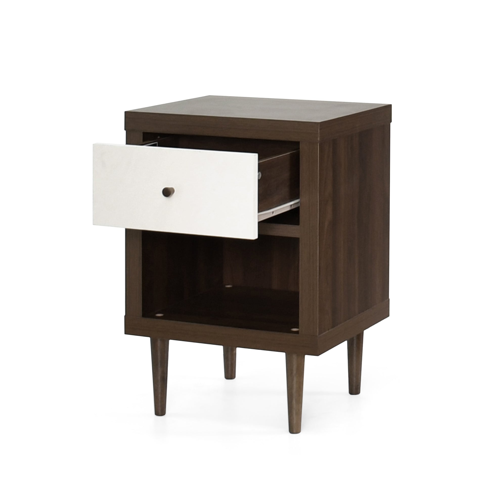 Dark wood nightstand with one open white drawer and angled legs