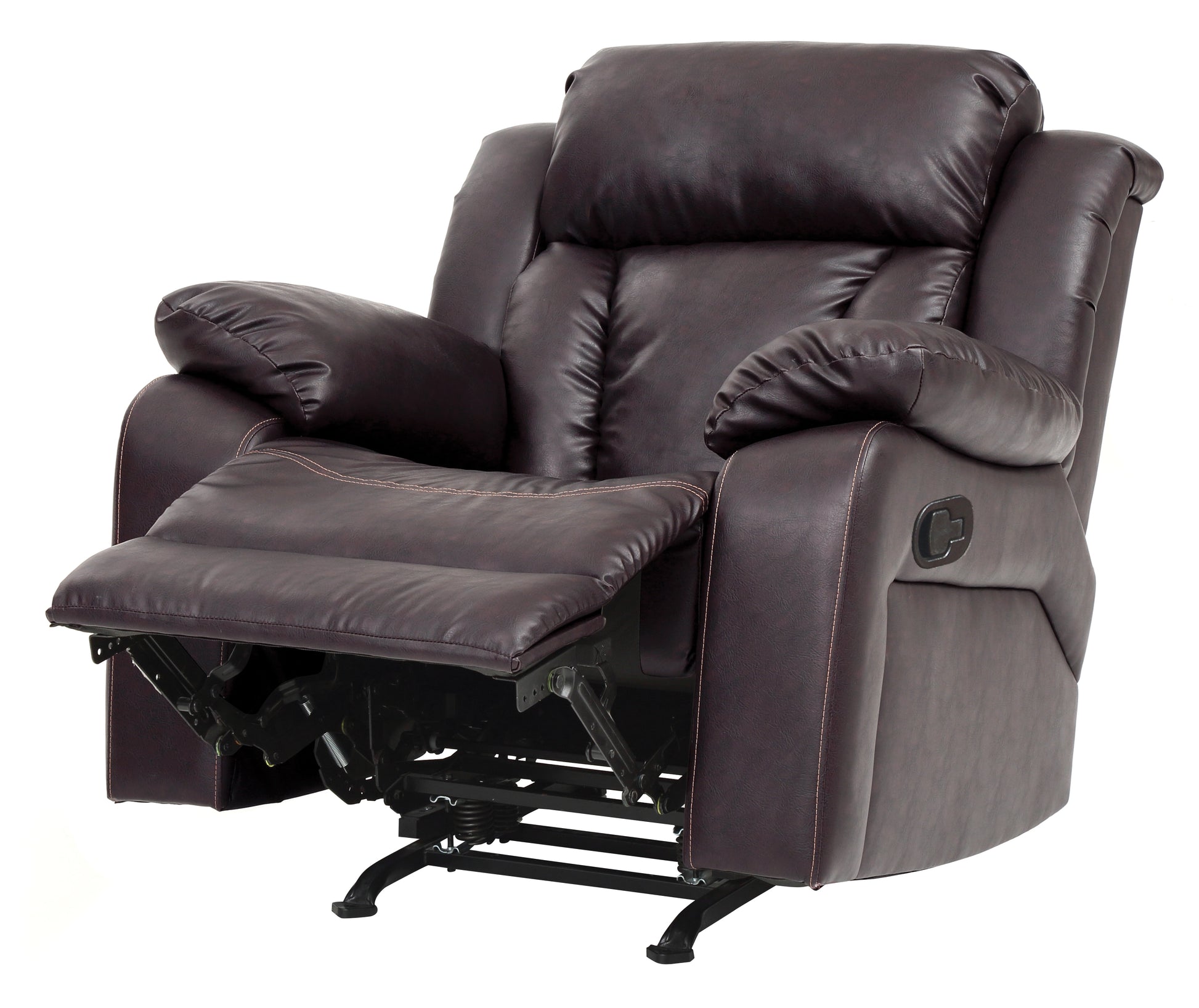 Plush dark brown recliner chair with padded arms and footrest extended perfect for living room comfort