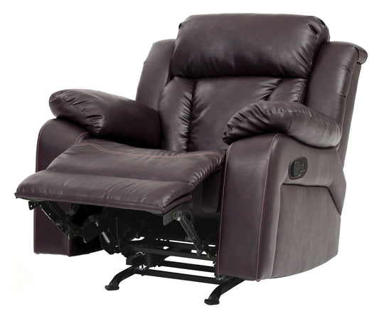 Plush dark brown recliner chair with padded arms and footrest extended perfect for living room comfort
