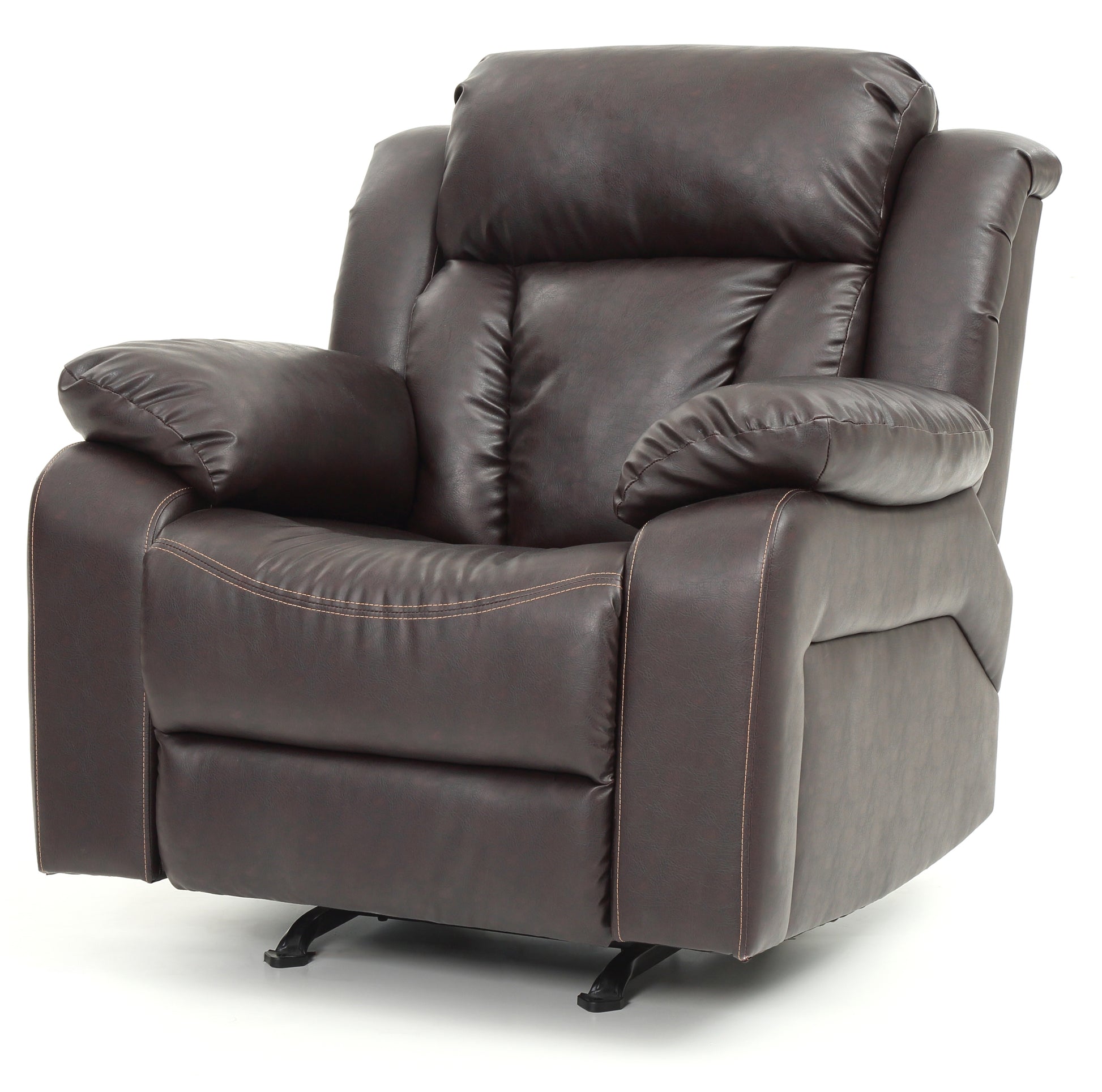 Plush dark brown faux leather recliner chair with prominent stitching detail
