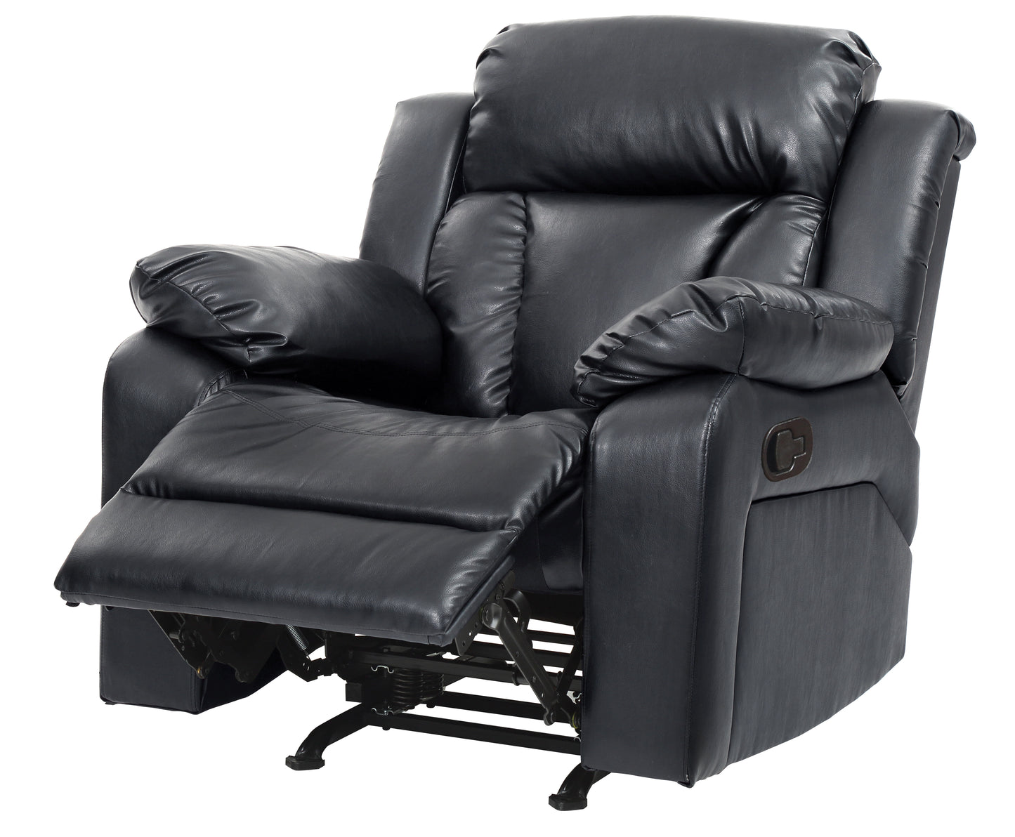 Black leather recliner chair with extended footrest and padded armrests