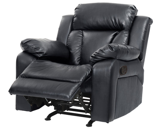 Black leather recliner chair with extended footrest and padded armrests