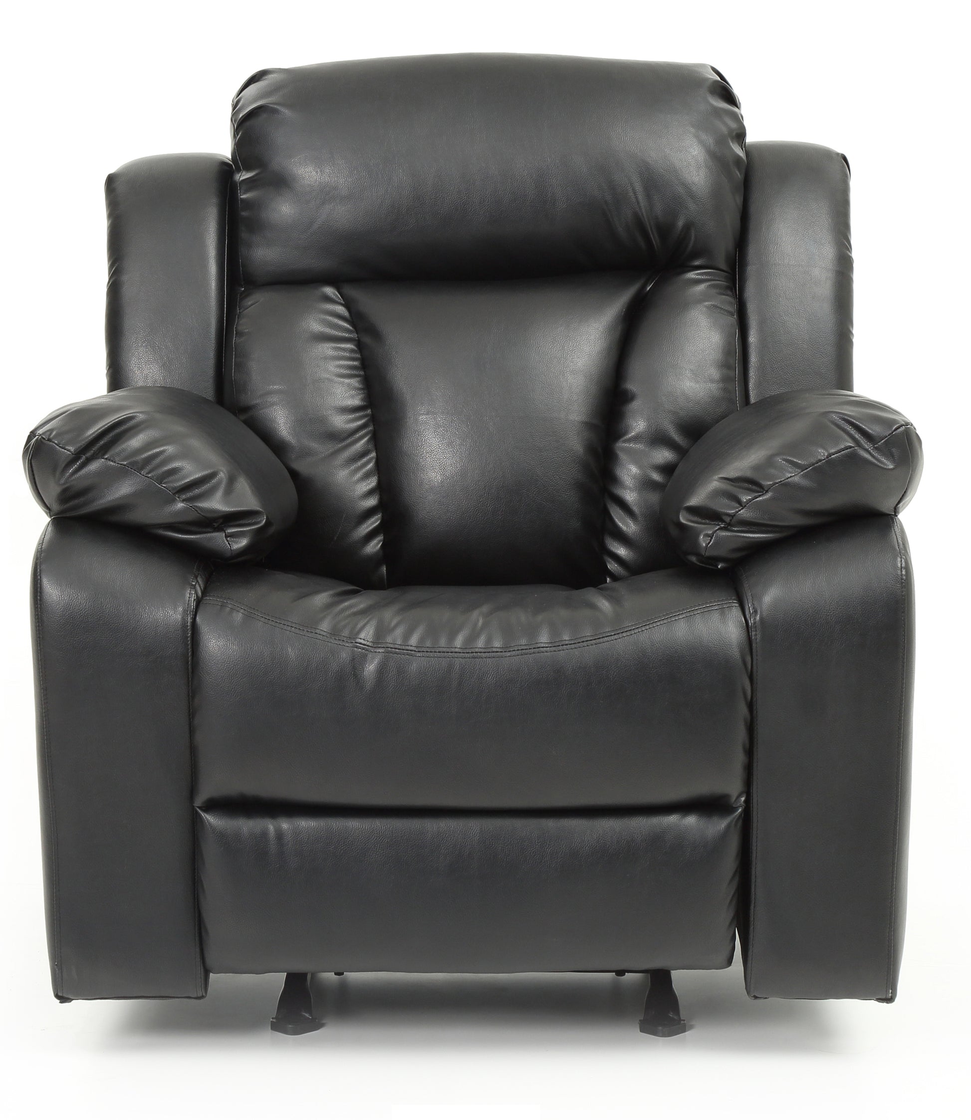 Black faux leather recliner chair with plush cushioning and padded armrests