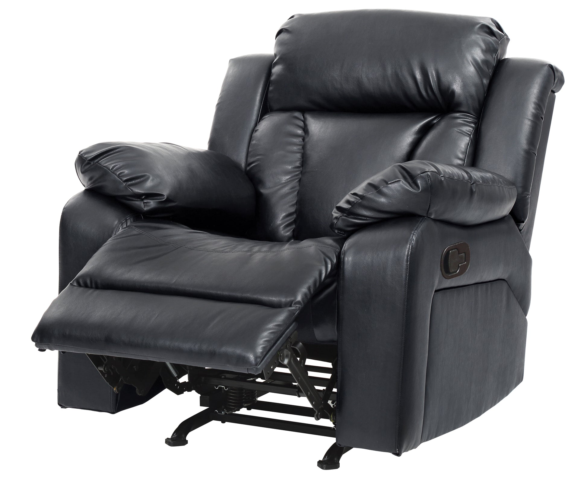 Plush black leather recliner chair with extended footrest for ultimate comfort