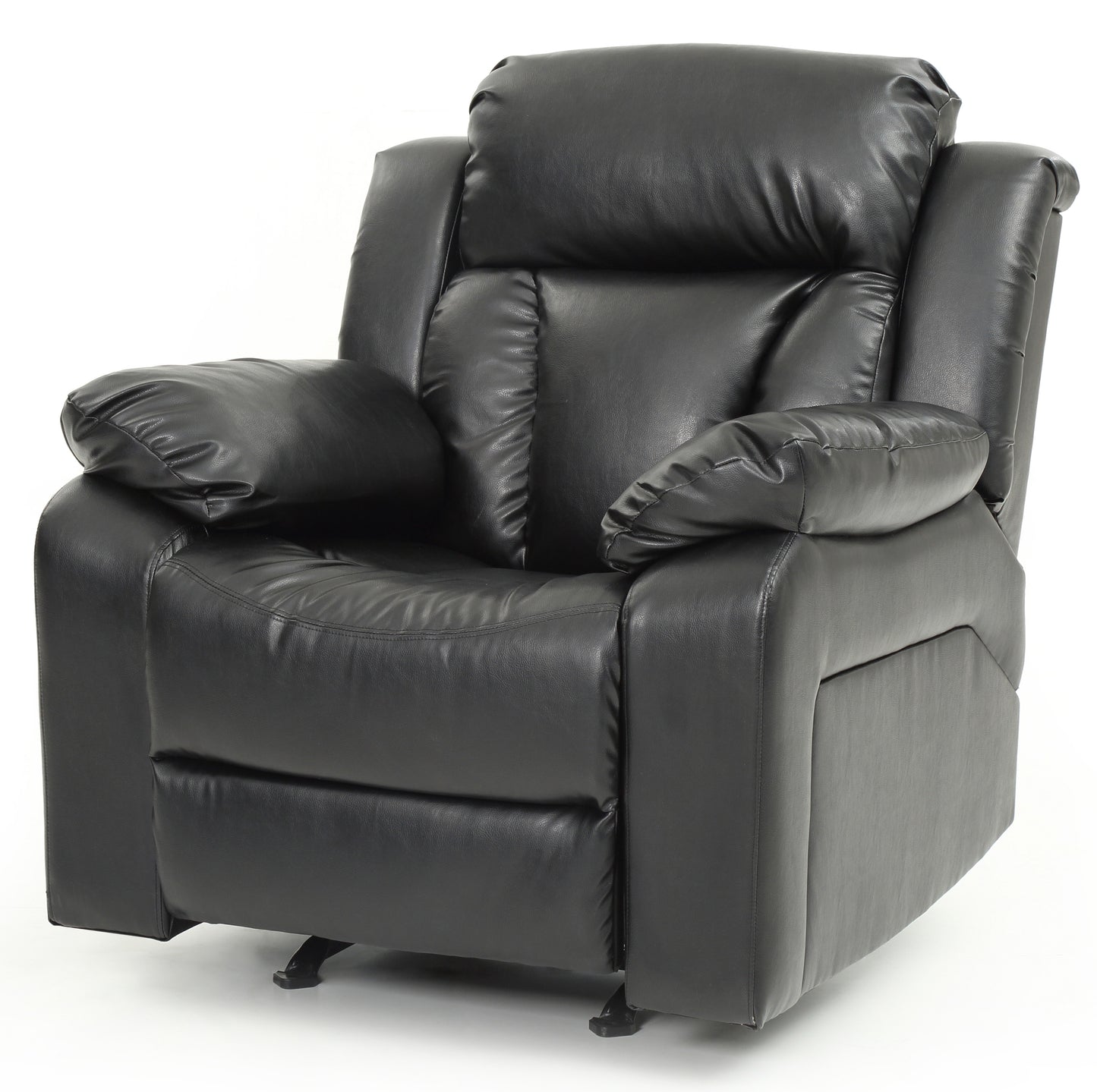 Plush black leather recliner chair with padded arms and headrest for ultimate comfort