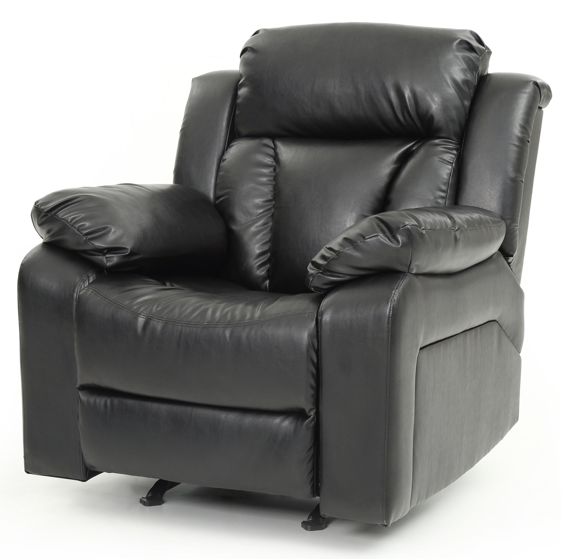 Plush black leather recliner chair with padded arms and headrest for ultimate comfort