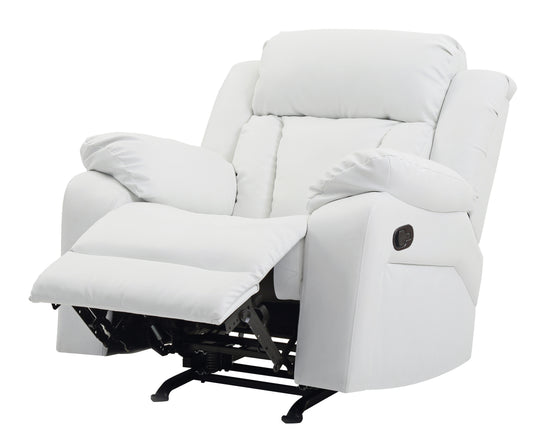 White faux leather recliner chair with extended footrest and plush cushioning