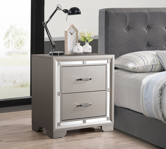 Grey mirrored bedside table with crocodileembossed drawer fronts and crystal handles