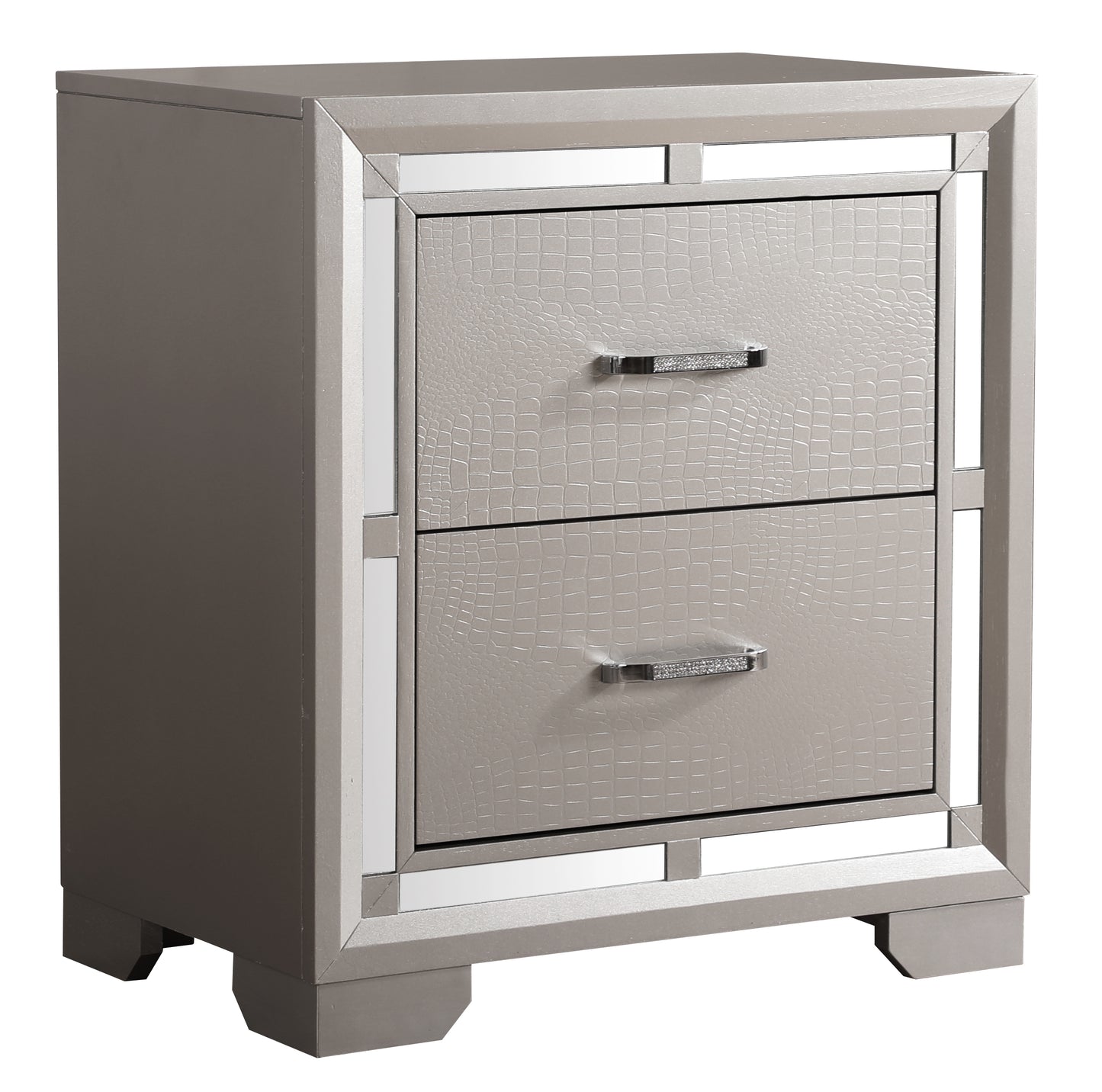 Champagne finished nightstand with textured drawer fronts and mirrored accents