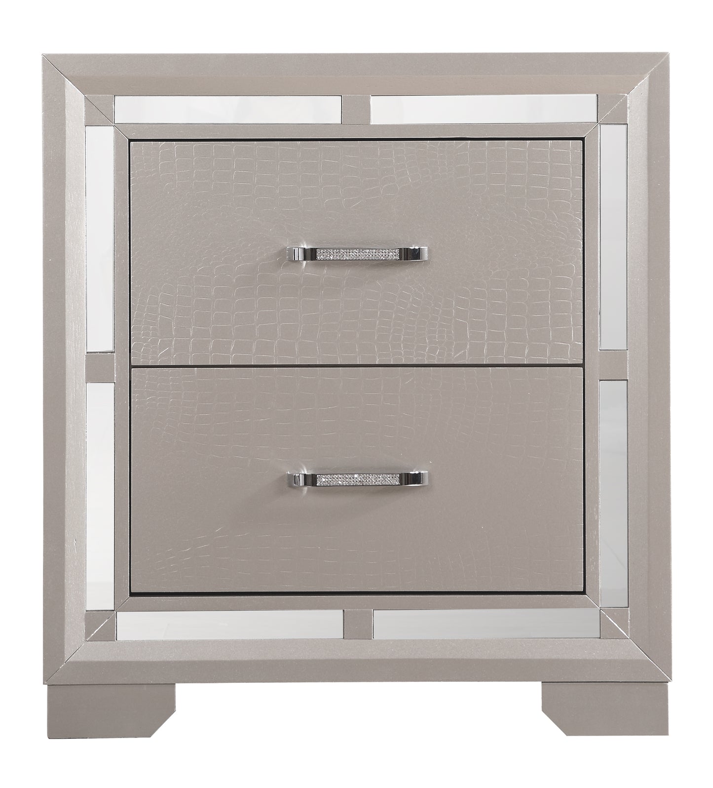 Glamorous champagne twodrawer nightstand with faux crocodile texture and crystalembellished pulls