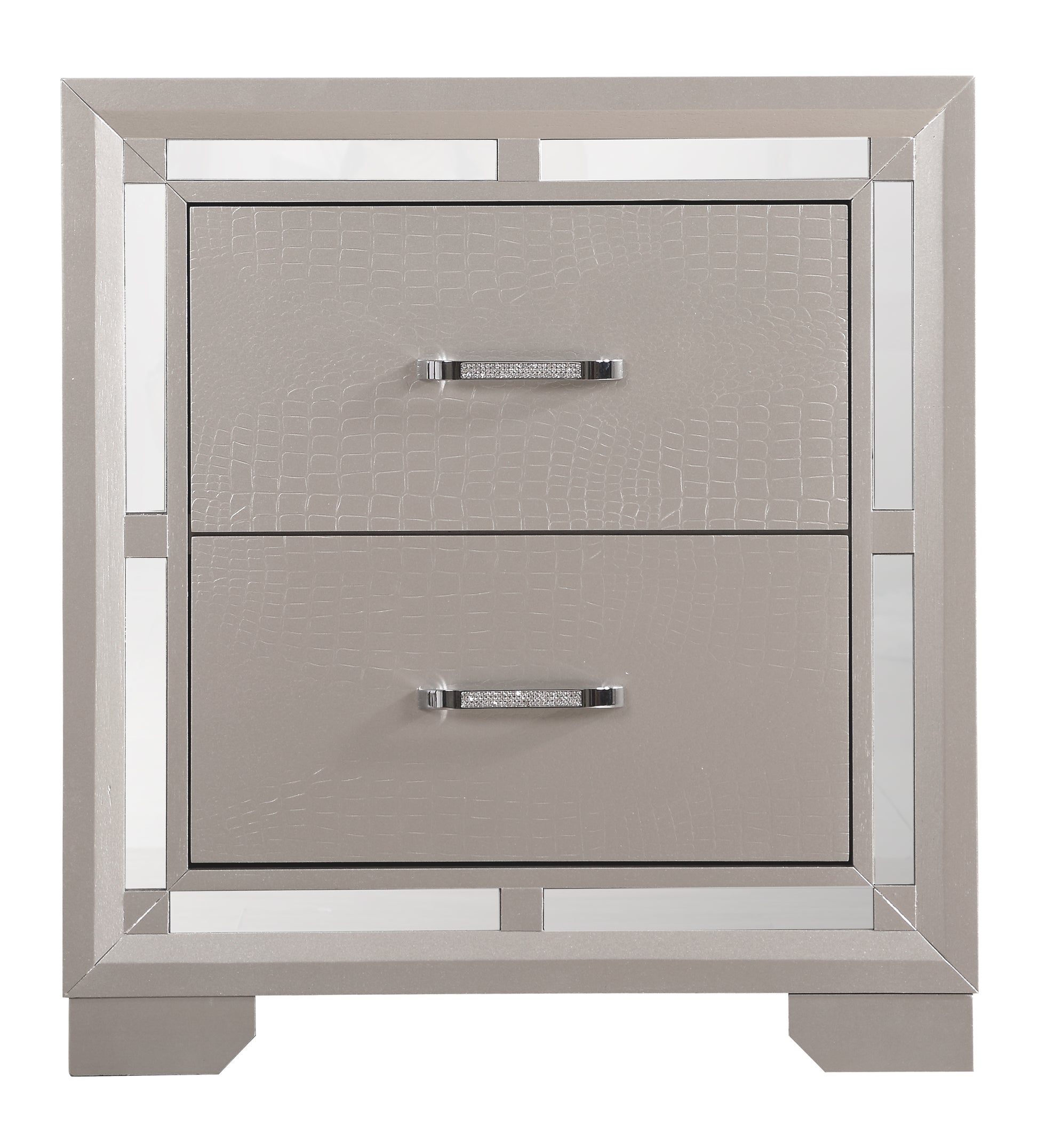 Glamorous champagne twodrawer nightstand with faux crocodile texture and crystalembellished pulls