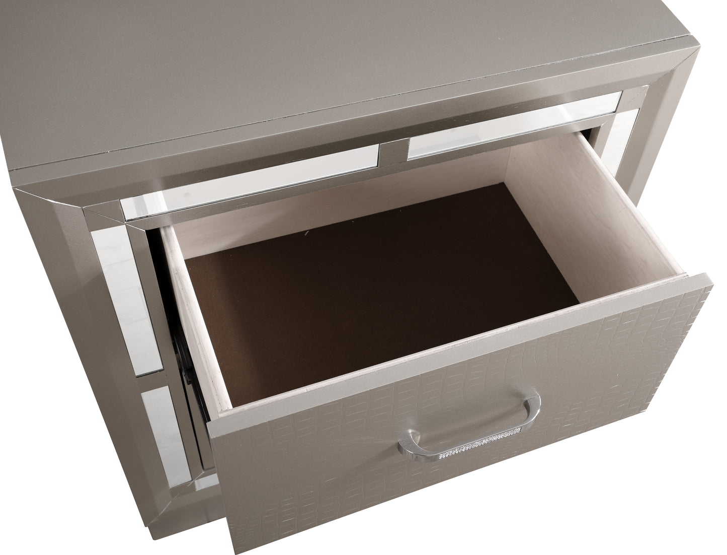 Glamorous taupe nightstand with mirrored accents and crystal drawer pull