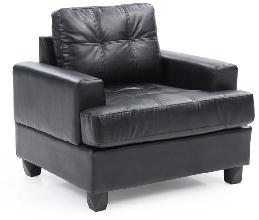 Black faux leather armchair with tufted seat and back cushions