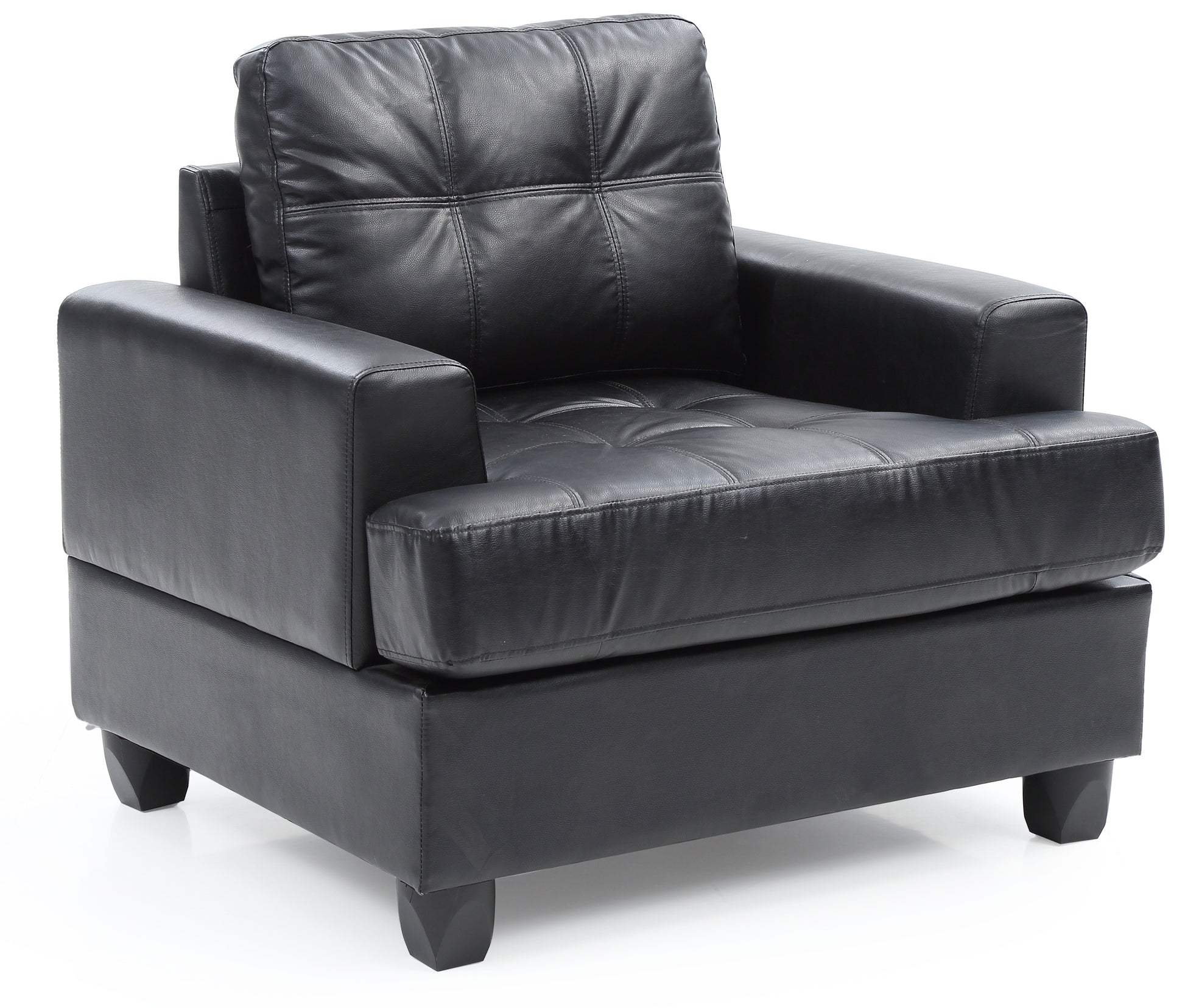 Black faux leather armchair with tufted seat and back cushions modern design