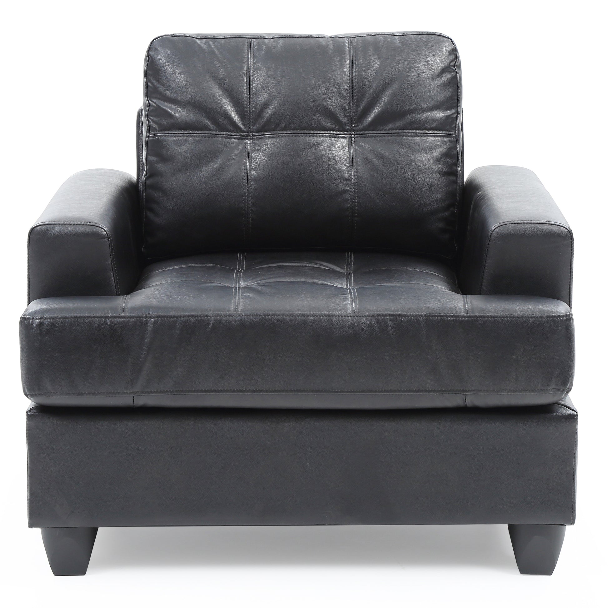 Black leather armchair with tufted seat and back cushions modern living room furniture