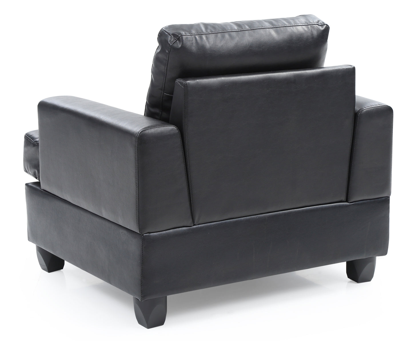 Black leather armchair seen from the back featuring plush cushioning and a modern design