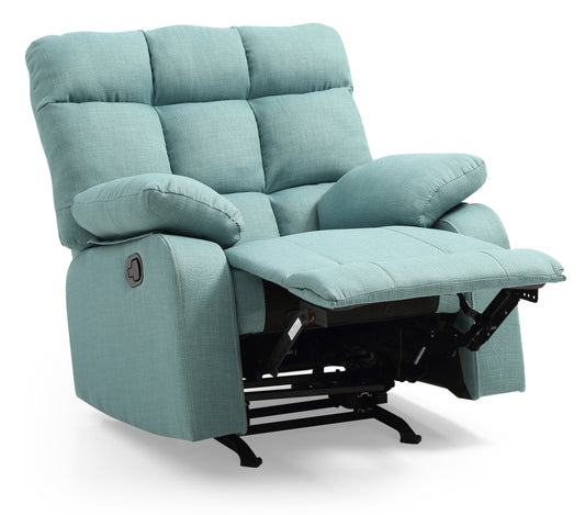 Sky blue fabric recliner chair with plush cushioning and extended footrest