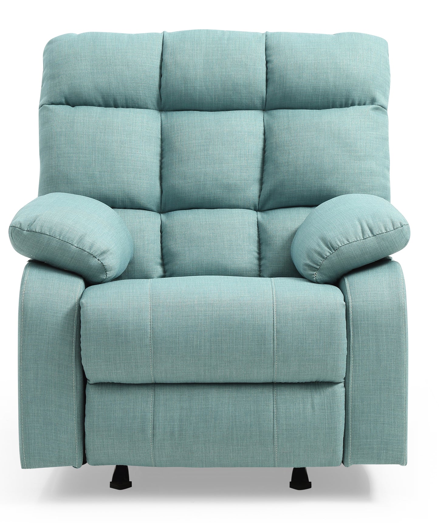Comfortable light blue fabric recliner chair with tufted backrest and padded arms
