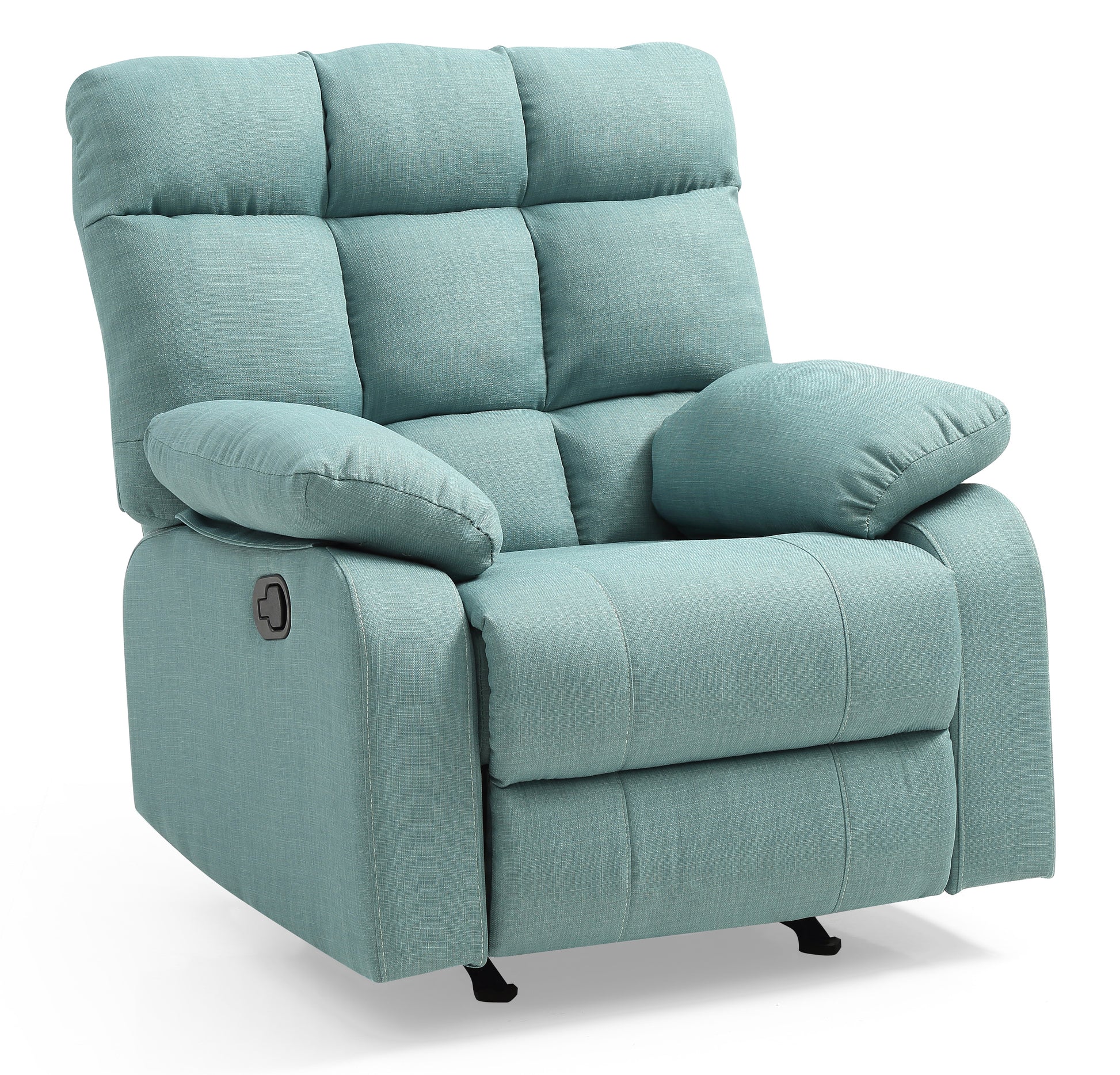 Teal fabric recliner chair with plush cushions and a side lever