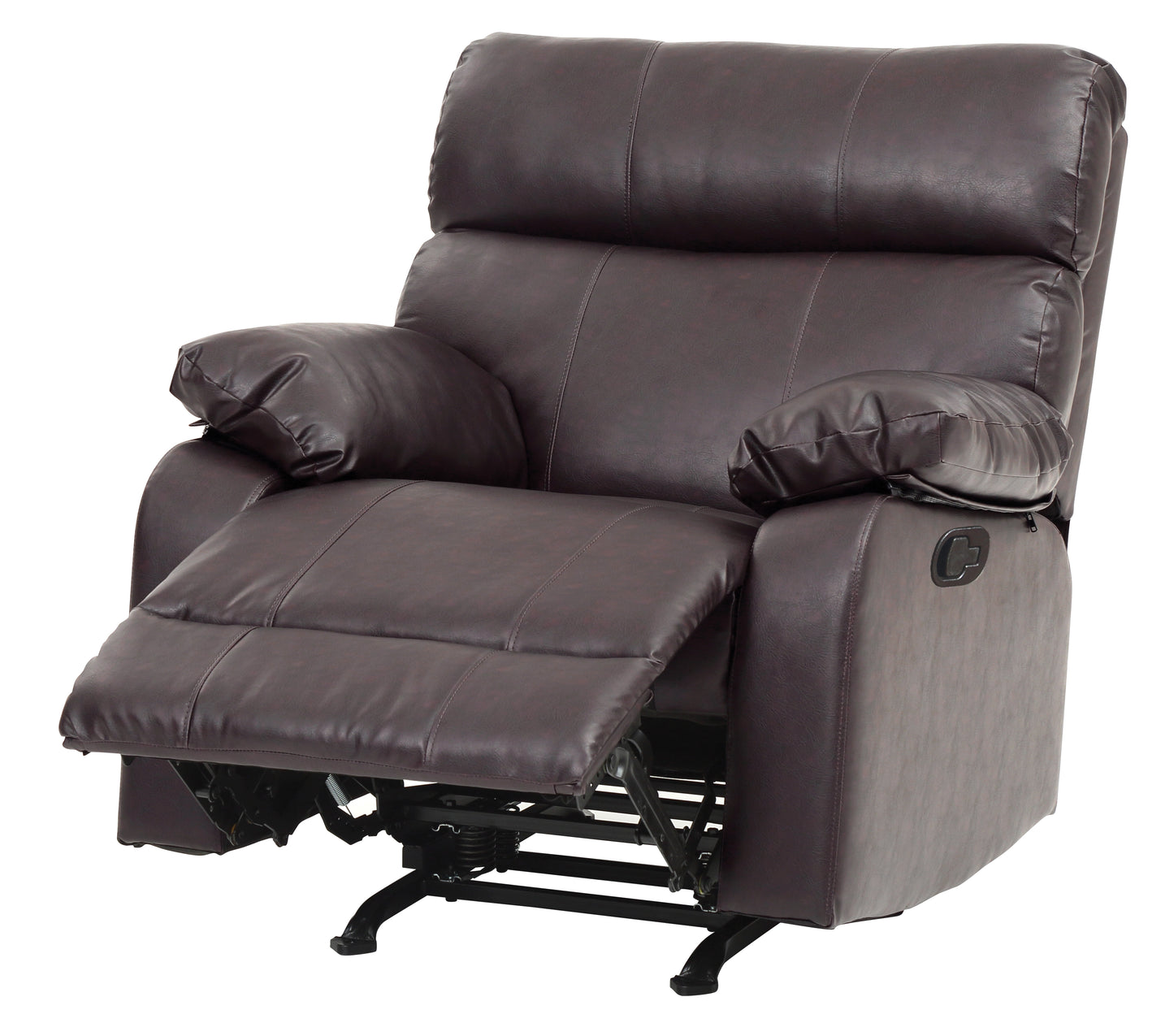 Brown faux leather recliner with extended footrest and plush cushioning for comfort