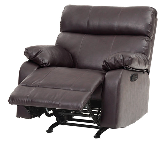 Brown faux leather recliner with extended footrest and plush cushioning for comfort