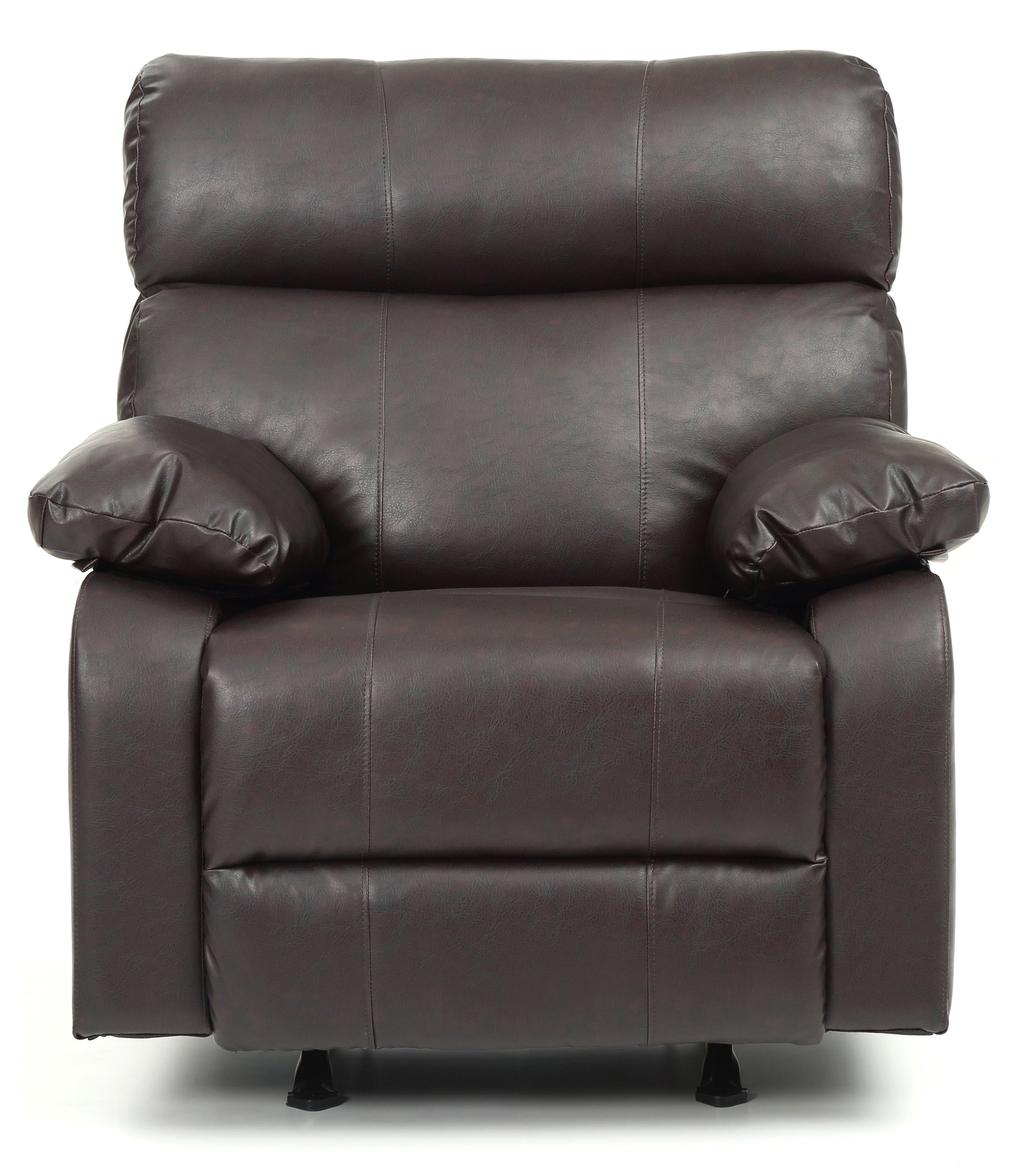 Dark brown faux leather recliner chair with plush cushioning and rolled arms